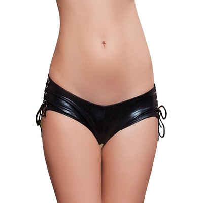 Lau-Fashion Panty-Ouvert Wetlook Schwarz Lack Leder zum Binden Raffung Intim Offen S/XL