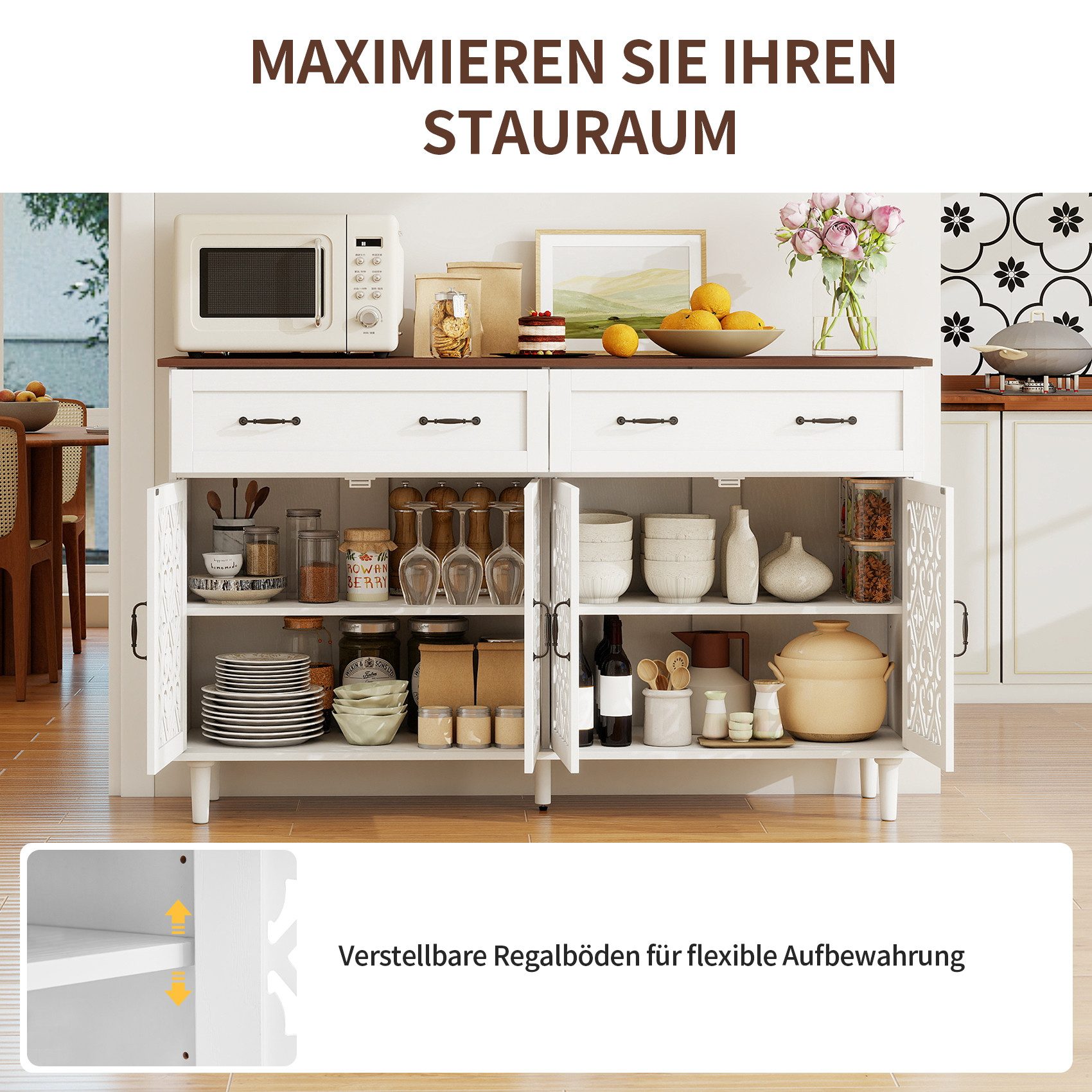 REDOM Sideboard mit 4 Türen, 2 Schubladen und geschnitztem Lochdesign (höhenverstellbare Regale, retro-Metallgriffe und stabile Massivholzfüße, Kommode Schrank)