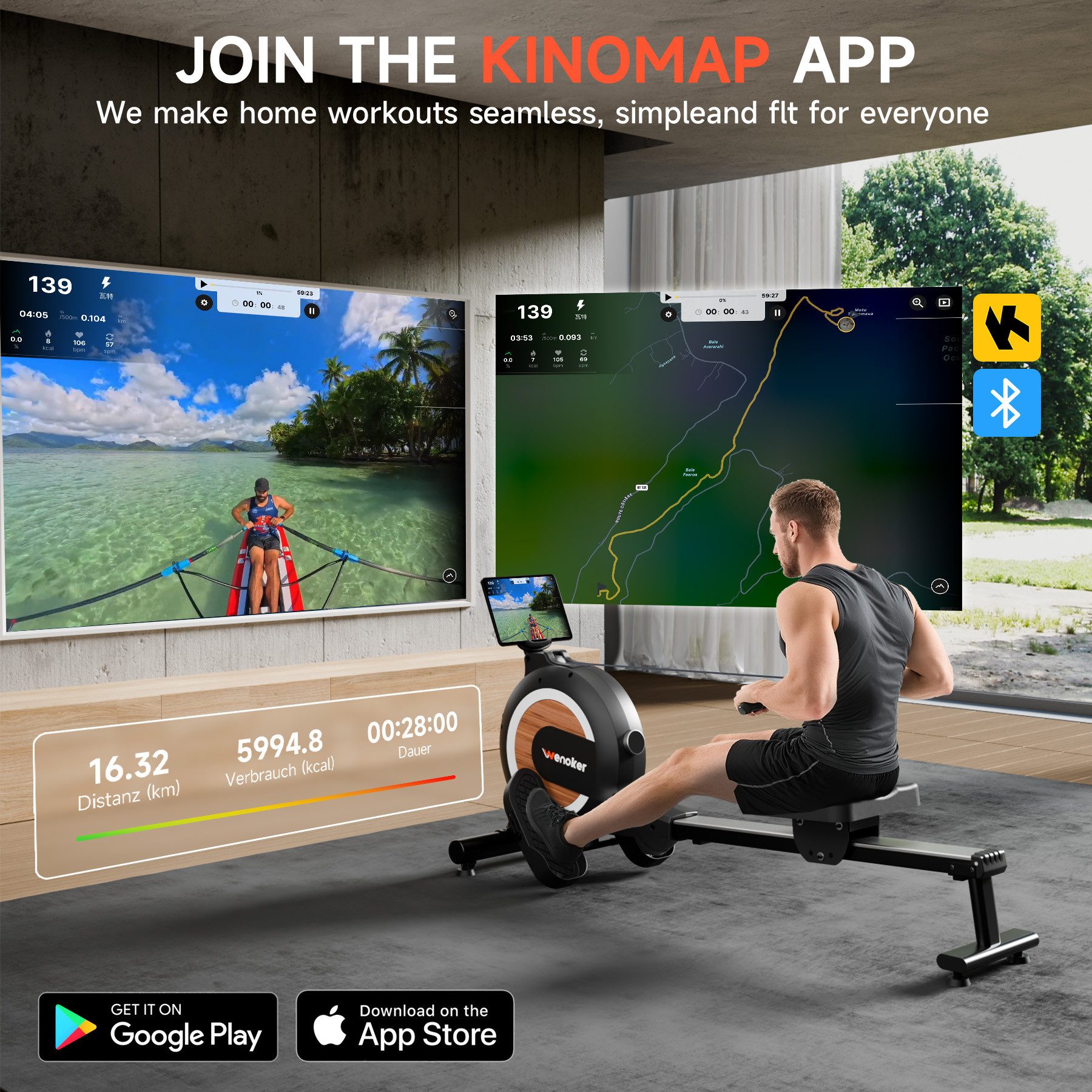 Wenoker Rudergerät Magnetisches Rudergerät mit APP & LED-Display, 32 Widerstandsstufen (1-tlg), Leises Heimrudergerät für Cardio-Training