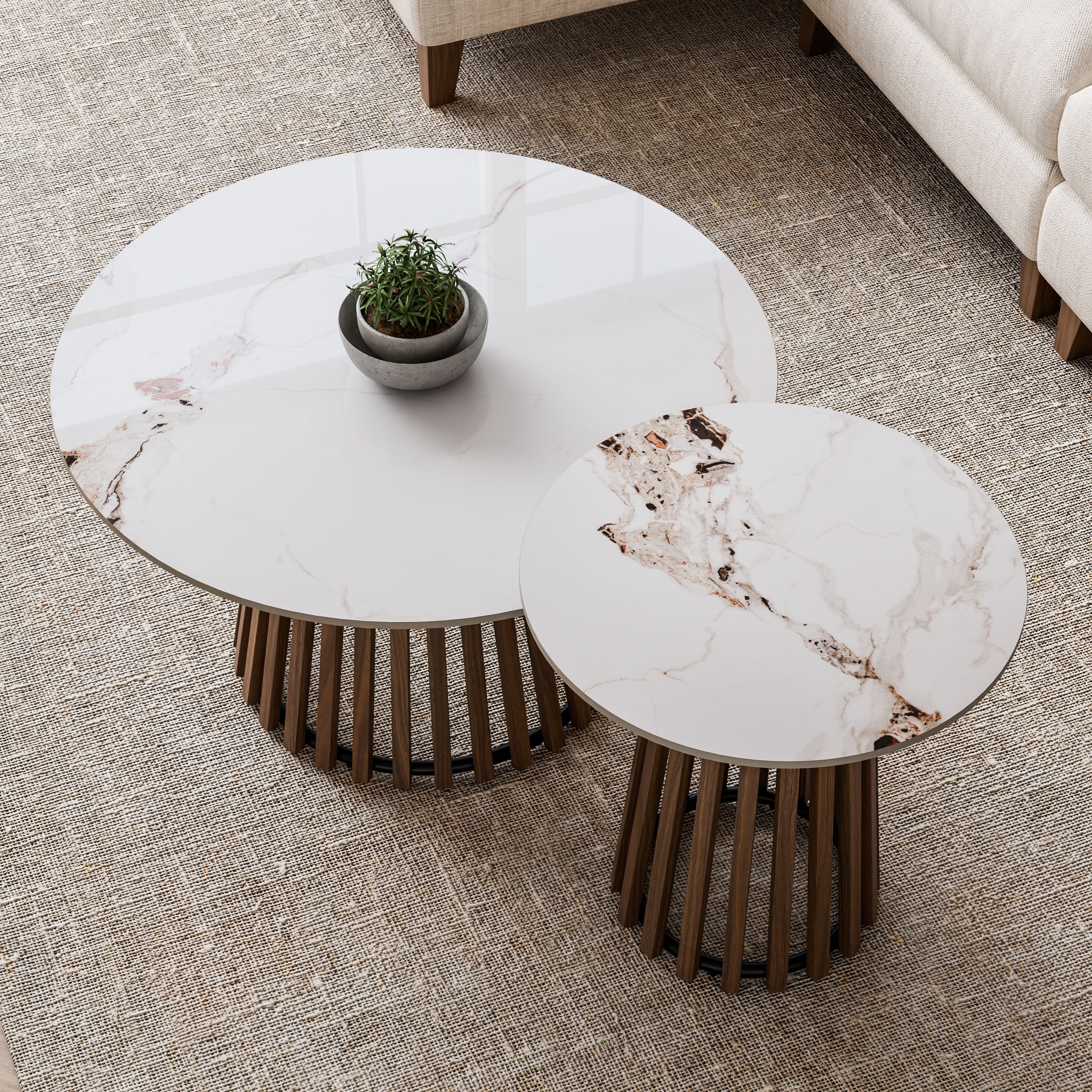Lookway Couchtisch MARISE 2er Couchtisch-Set – Hochglanz Sinterkeramik & Lamellen (2er Set), Durchmesser: ⌀80 cm und ⌀50 cm