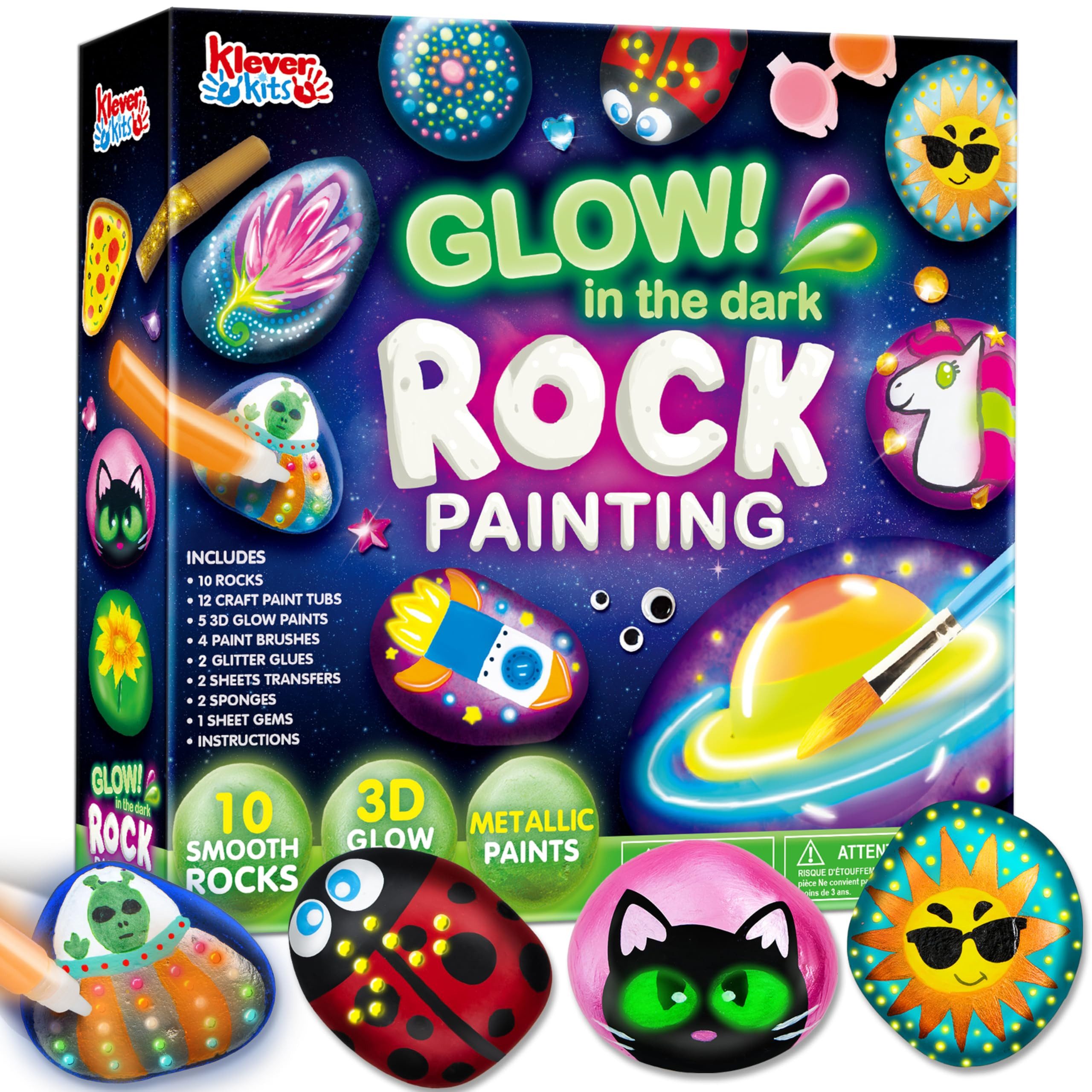 Klever Kits Stein Kreatives Steine Bemalen Set für Kinder, Leuchtende und Metallic Farben