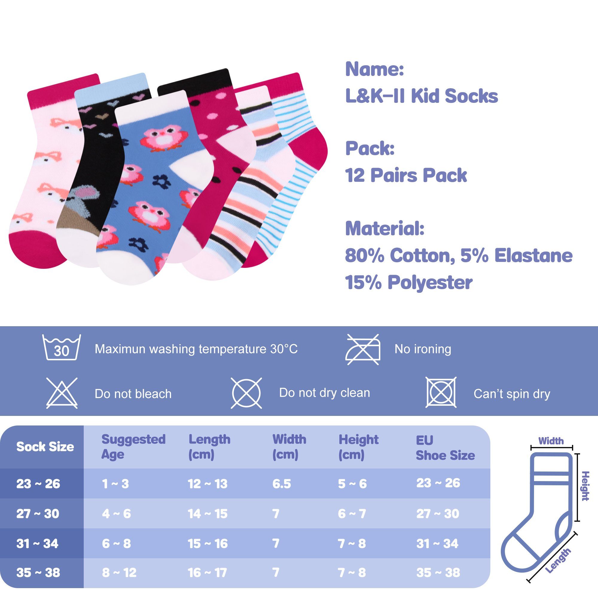 10/12-Paar) Mädchen 2118-2810 L&K-II (Beutel, Socken Baumwolle Kurzsocken aus