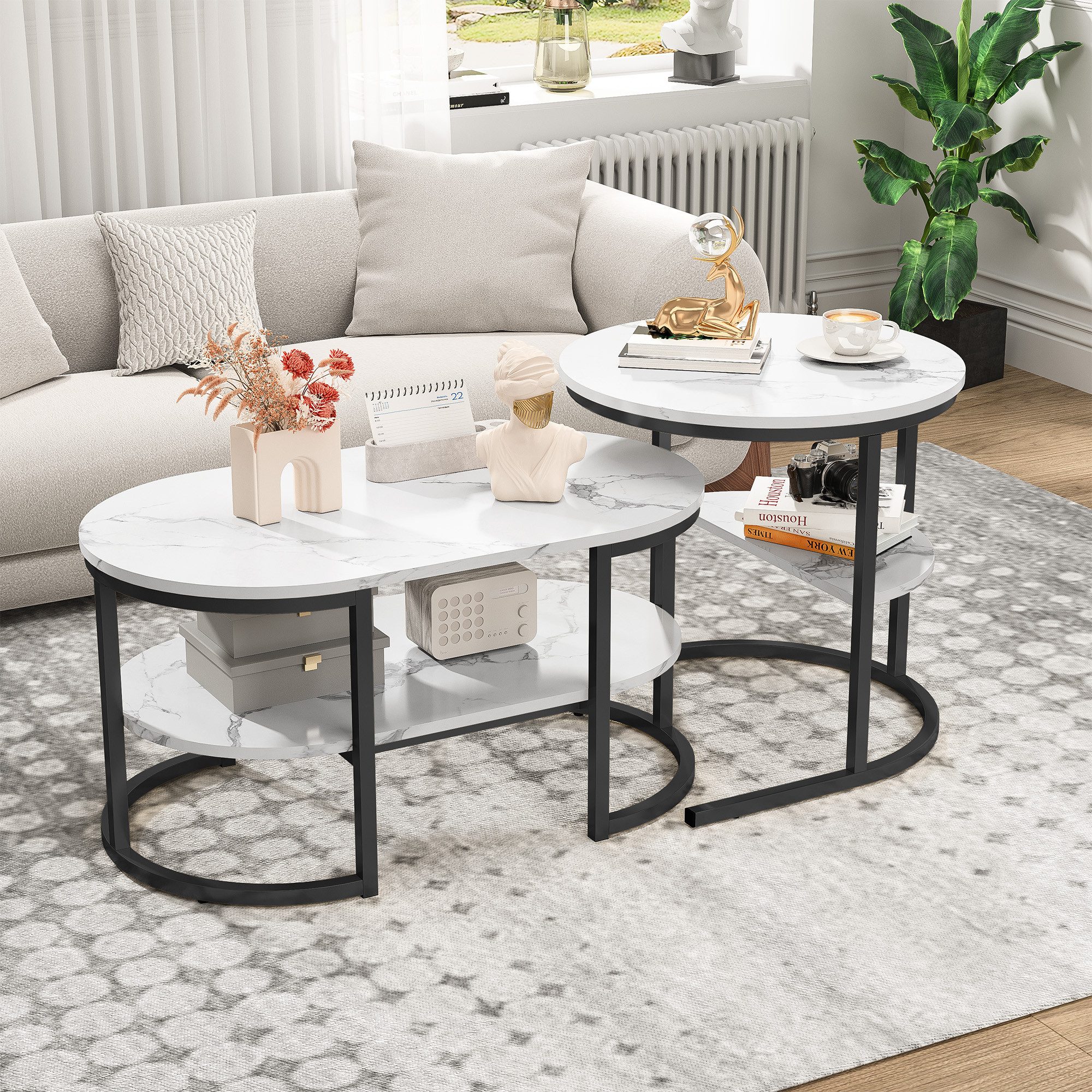 PXloue Couchtisch rund (2-St., Platzsparendes stapelbares Design), Marmormuster Beistelltisch mit Ablageboden,80x46x41cm+Ø52x51cm