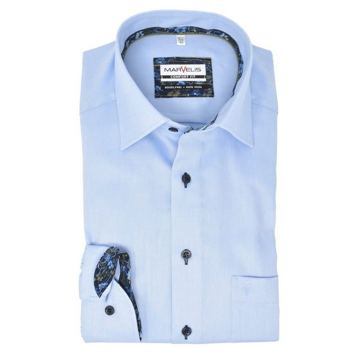 MARVELIS Businesshemd Businesshemd - Comfort Fit - Langarm - Einfarbig - Hellblau Mit Kontrastknöpfen