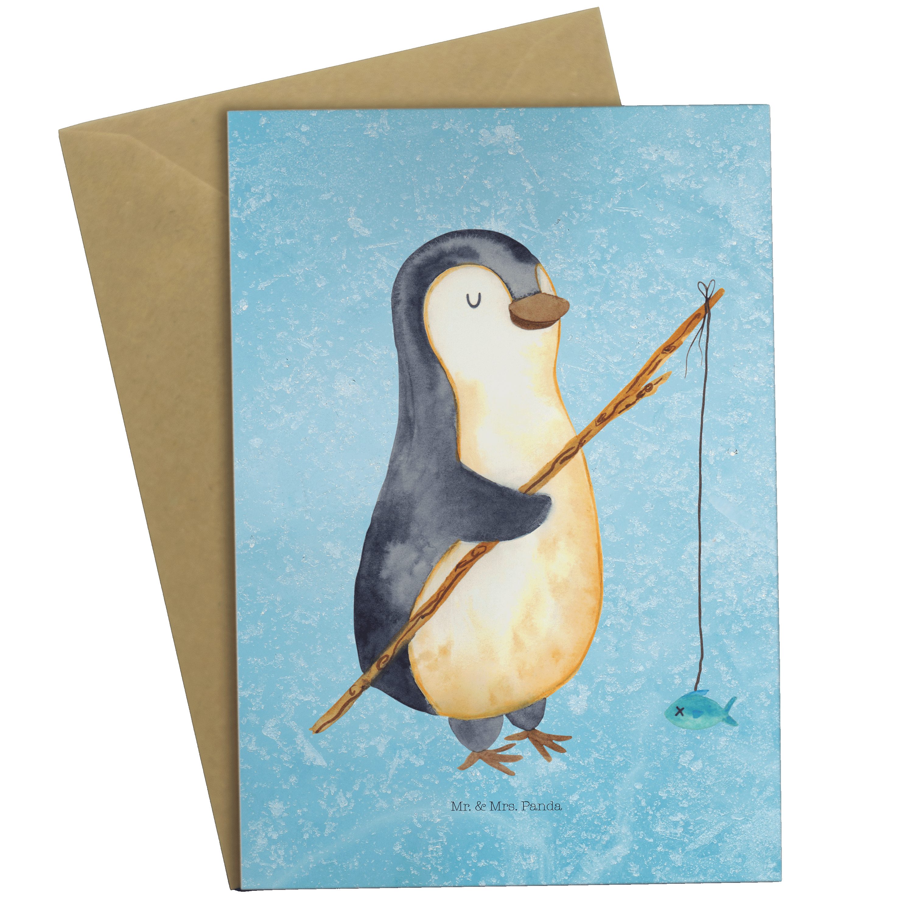 Mr. & Mrs. Panda Grußkarte Pinguin Angler - Eisblau - Geschenk, Fischer, Geburtstagskarte, Glück