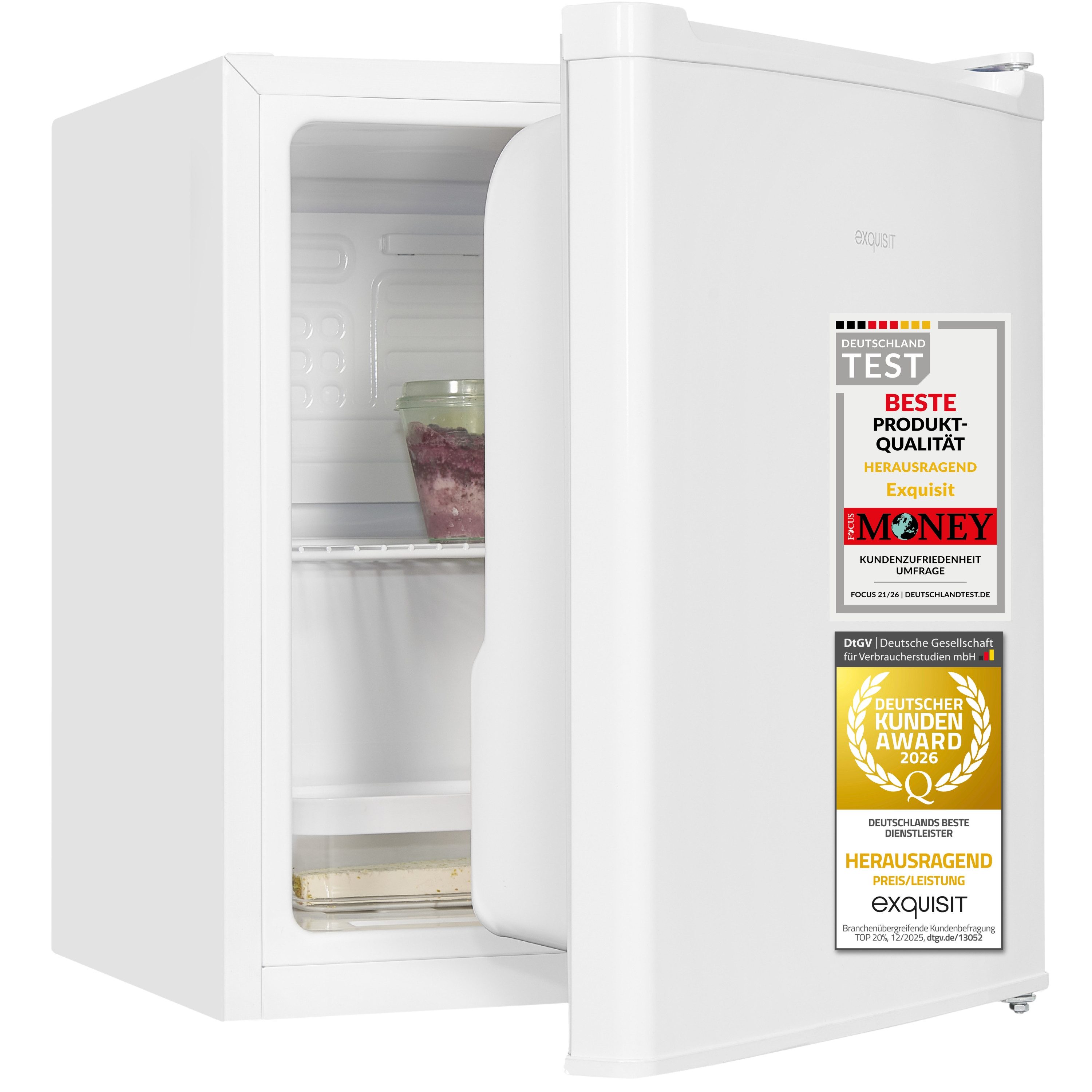 exquisit Table Top Kühlschrank KB505-V-040E, 51 cm hoch, 44 cm breit, 40 L Nutzinhalt, kompakt und platzsparend, Gitterablage