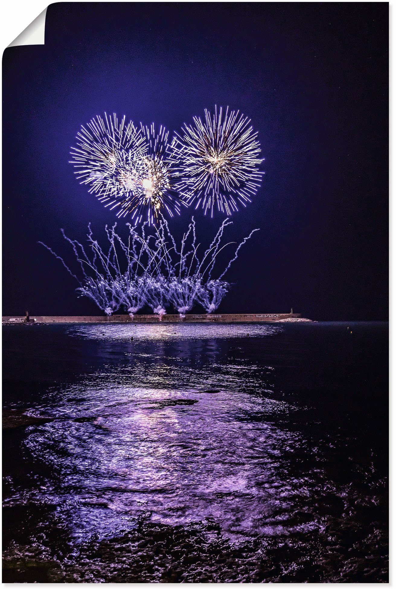 Meer, Silvester Wandaufkleber Feuerwerk Leinwandbild, St), Größen Wandbild in Artland versch. oder Neujahr Poster Alubild, am & als lila (1