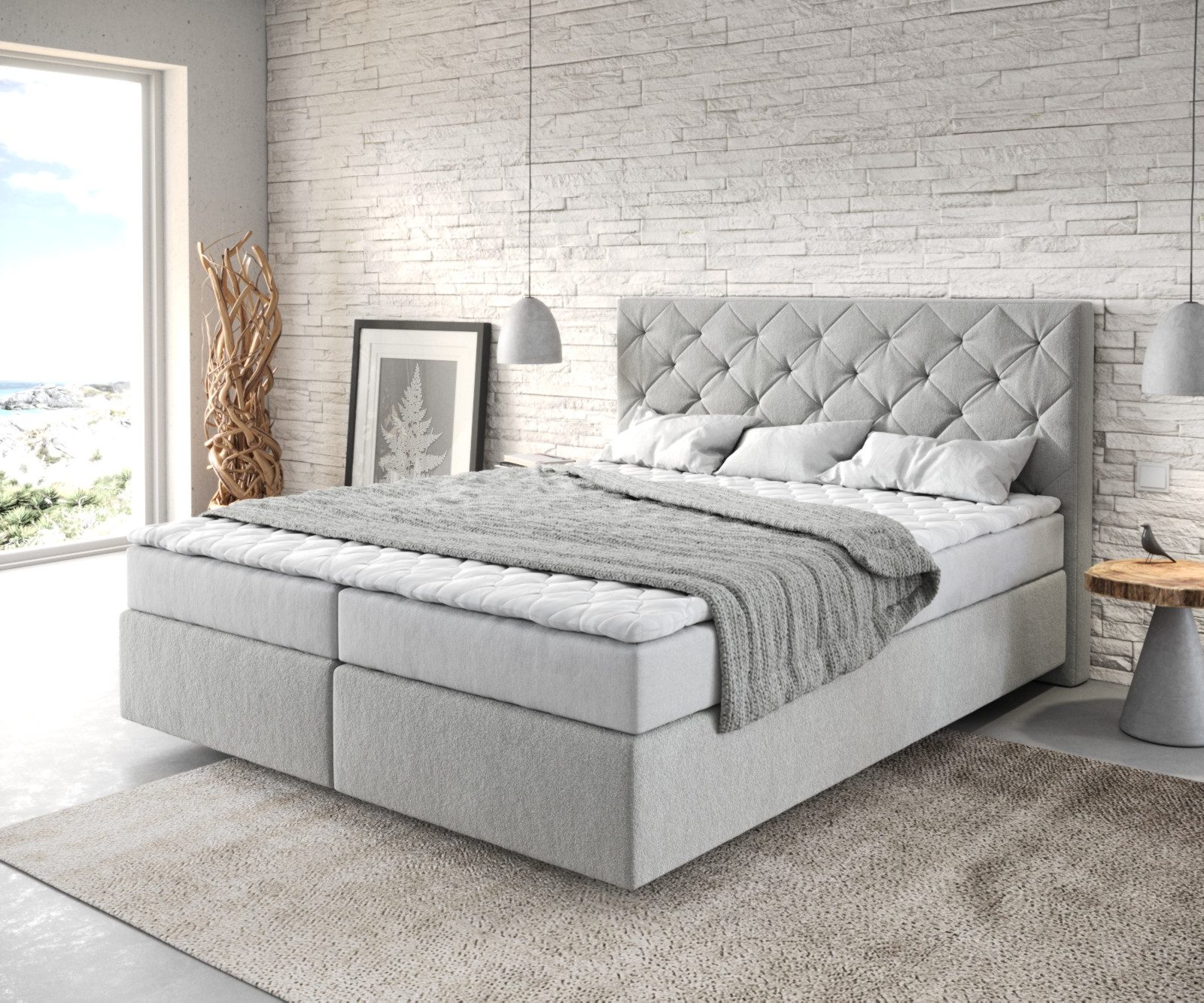 DELIFE Boxspringbett Dream-Great, Mikrofaser Silbergrau 160x200 cm mit Matratze und Topper