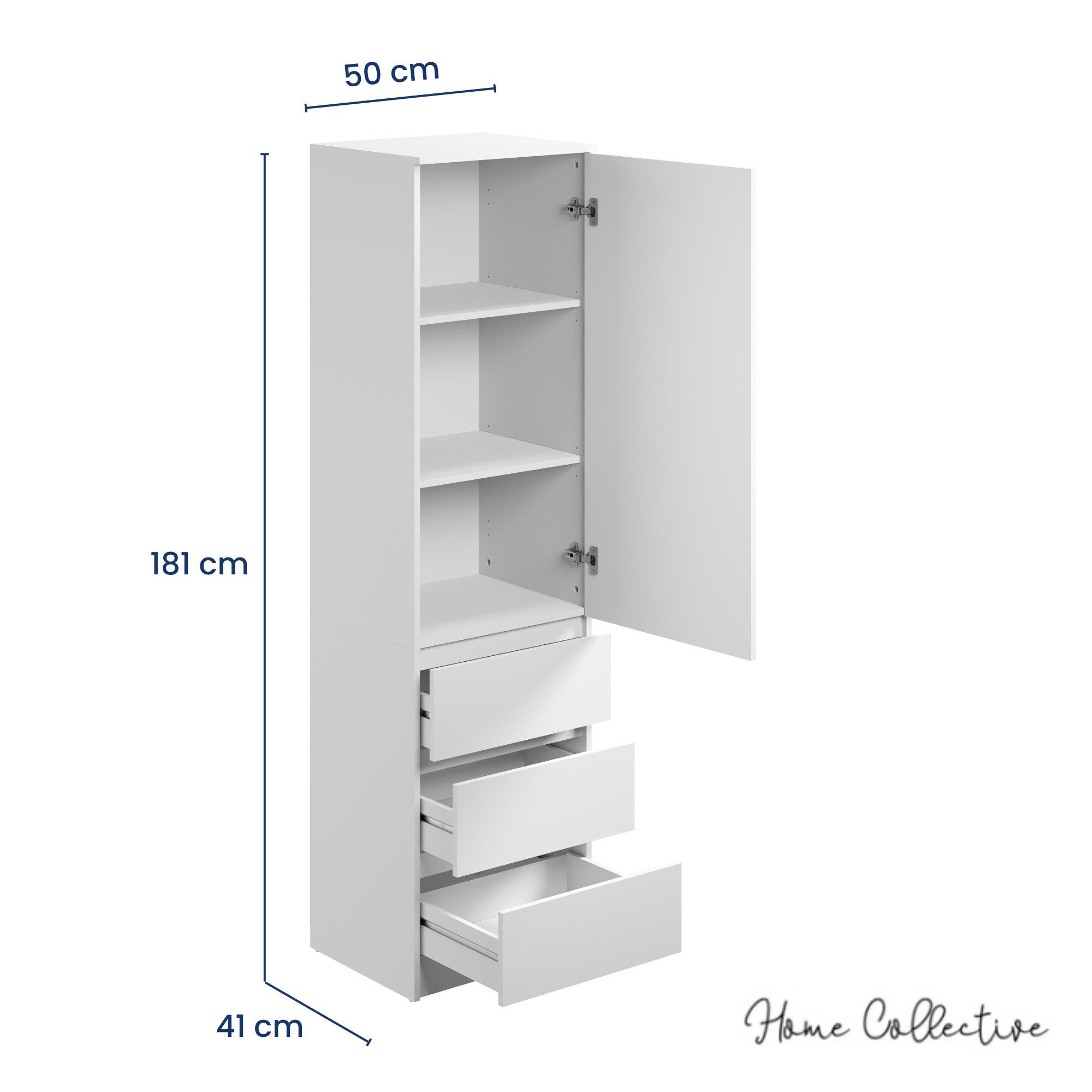 Home Collective Kleiderschrank Garderobenschrank Mehrzweckschrank Schrank, viel Stauraum & vielseitig (50x41x181 cm (BxTxH), Garderobe Schlafzimmer Büro Flur) Hochschrank mit 2 Einlegeböden und 3 Schubladen, weiß