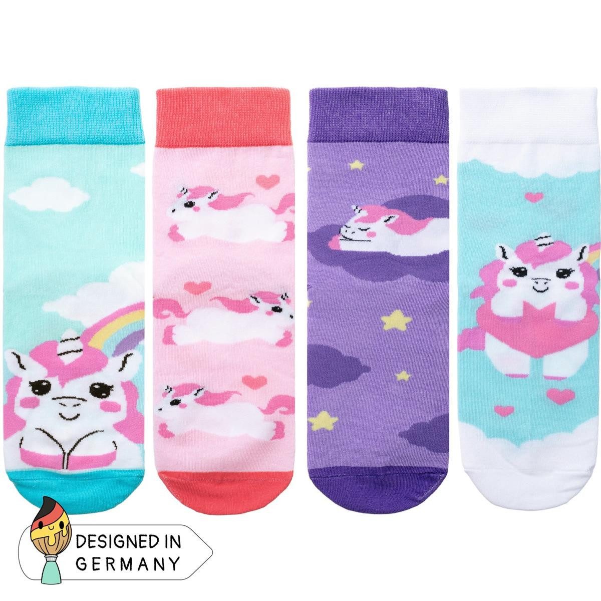 Corimori Haussocken Witzige Einhorn Baumwolle Socken 4er Set Geschenk-Box Unicorn Anime (Packung, 4-Paar, Geschenk) Einheitsgröße 36-44, Kawaii Strümpfe, plastikfreie Geschenkverpackung