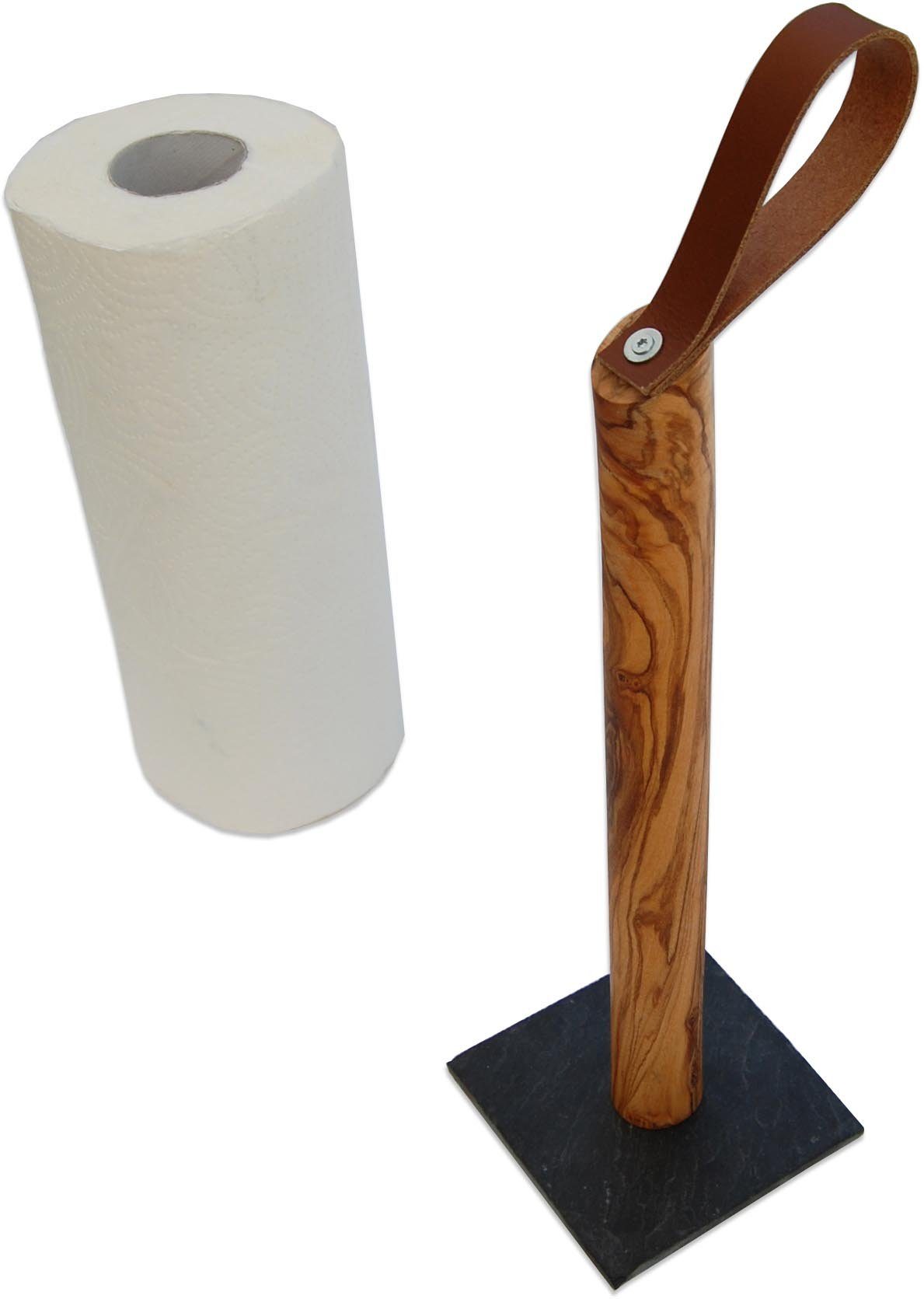 Olivenholz-erleben Küchenrollenhalter GALAXY aus Olivenholz mit Schieferfuß, (1-St), Olivenholz mit Schieferplatte als Fuß, Lederschlaufe als Griff