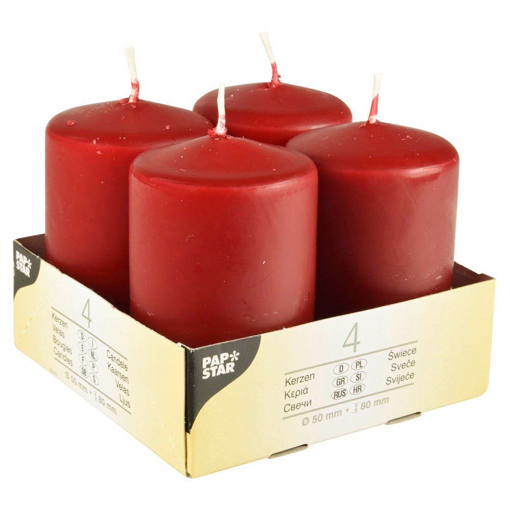 PAPSTAR Stumpenkerze 4 Stumpenkerzen 5x8cm ca. 16 Std. Brenndauer - bordeaux