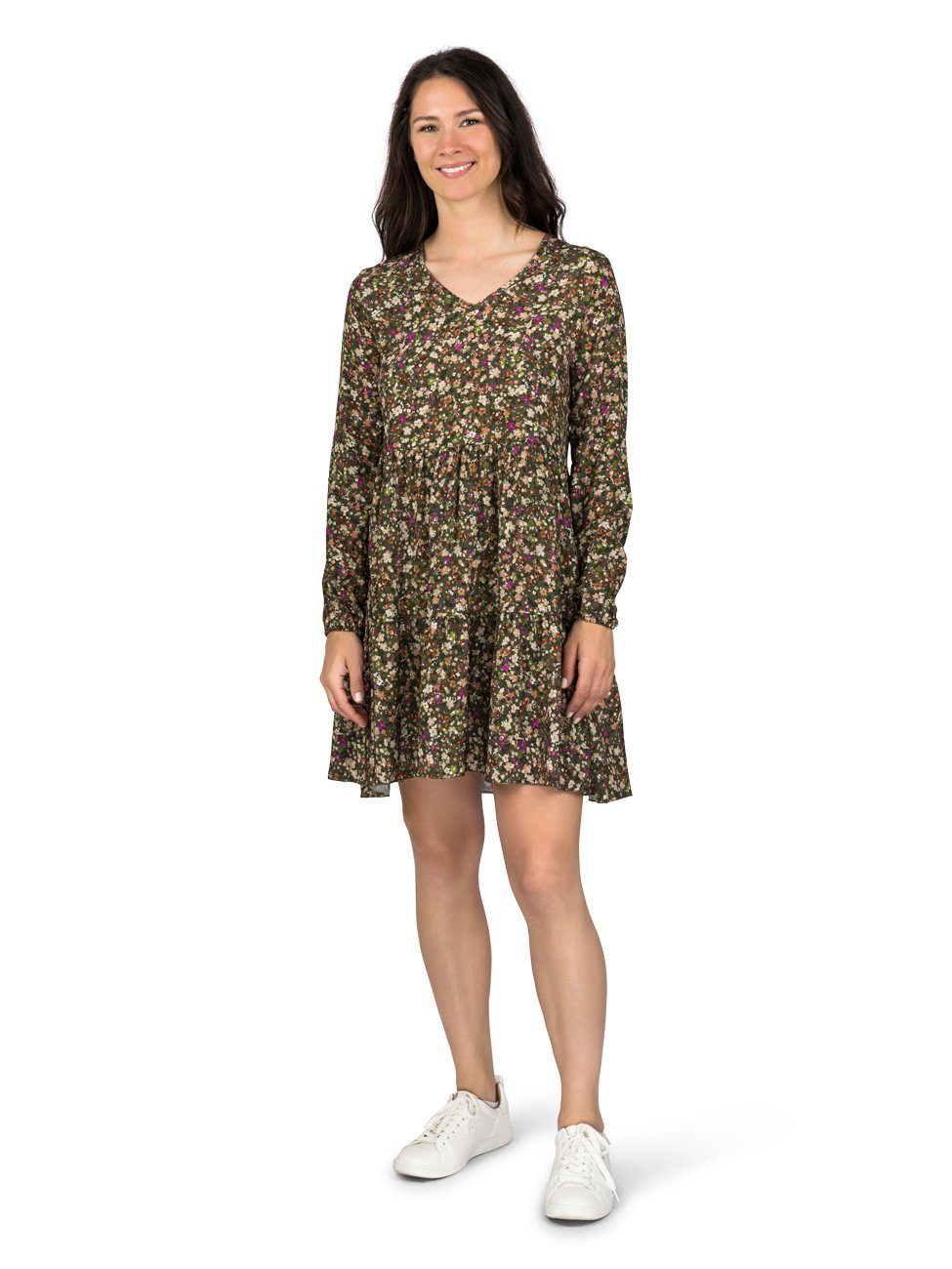 DENIMFY Sommerkleid Damen Kleid DFIda A-Linie langarm Freizeitkleid mit V-Ausschnitt aus 100% Viskose