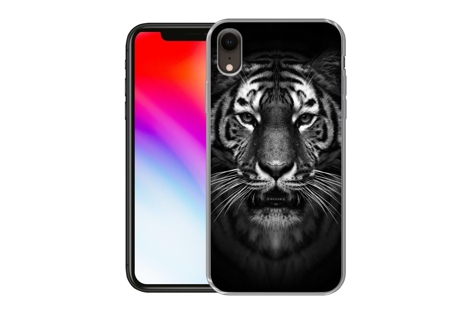MuchoWow Handyhülle für Apple iPhone XR Tiger - Tiere - Schwarz - Weiß - Porträt - Wild, Smartphone-Bumper, Print, Handy Schutzhülle Dünn