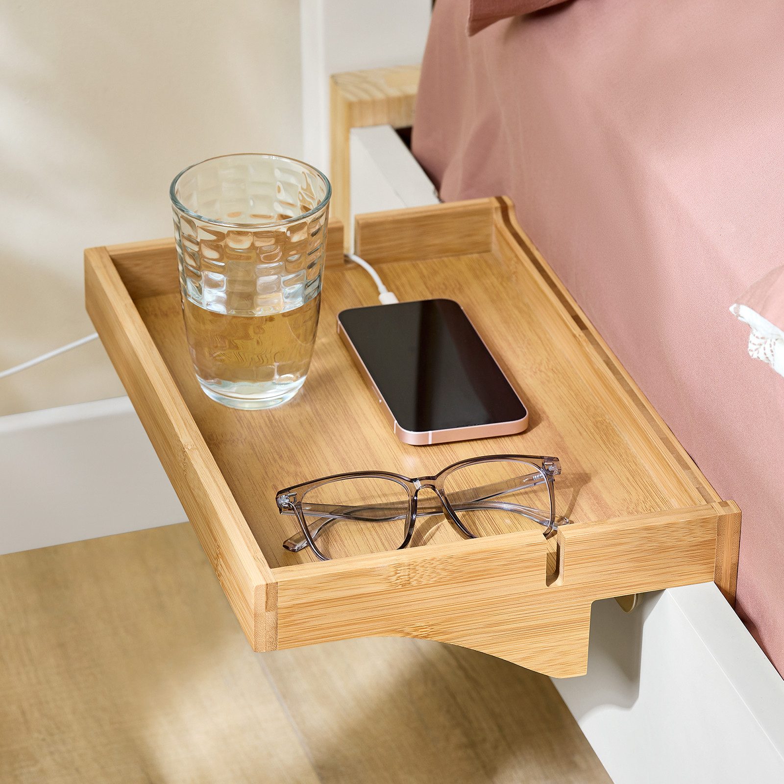 SoBuy Bettablage mit Kabelführung zum einhängen Nachttisch Natur NKD01-N günstig online kaufen
