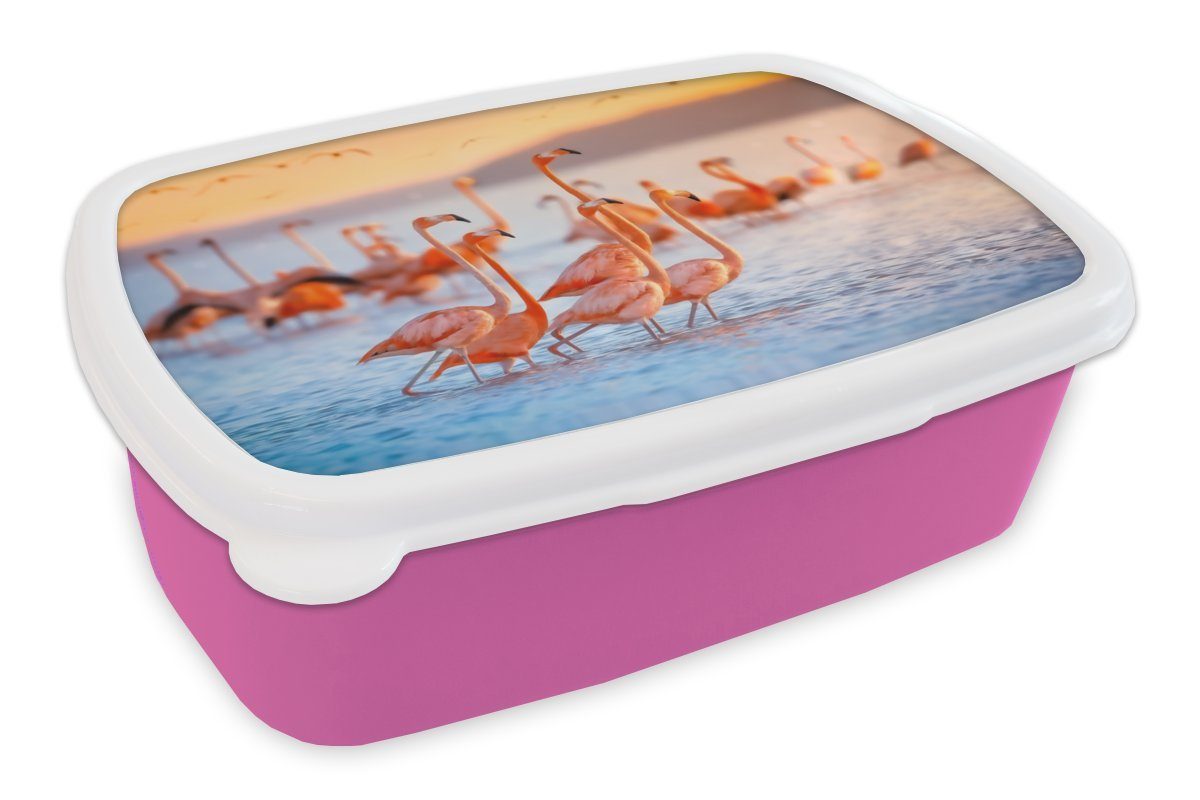 MuchoWow Lunchbox Flamingo - Meer - Sonne - Sommer, Kunststoff, (2-tlg), Brotbox für Erwachsene, Brotdose Kinder, Snackbox, Mädchen, Kunststoff rosa