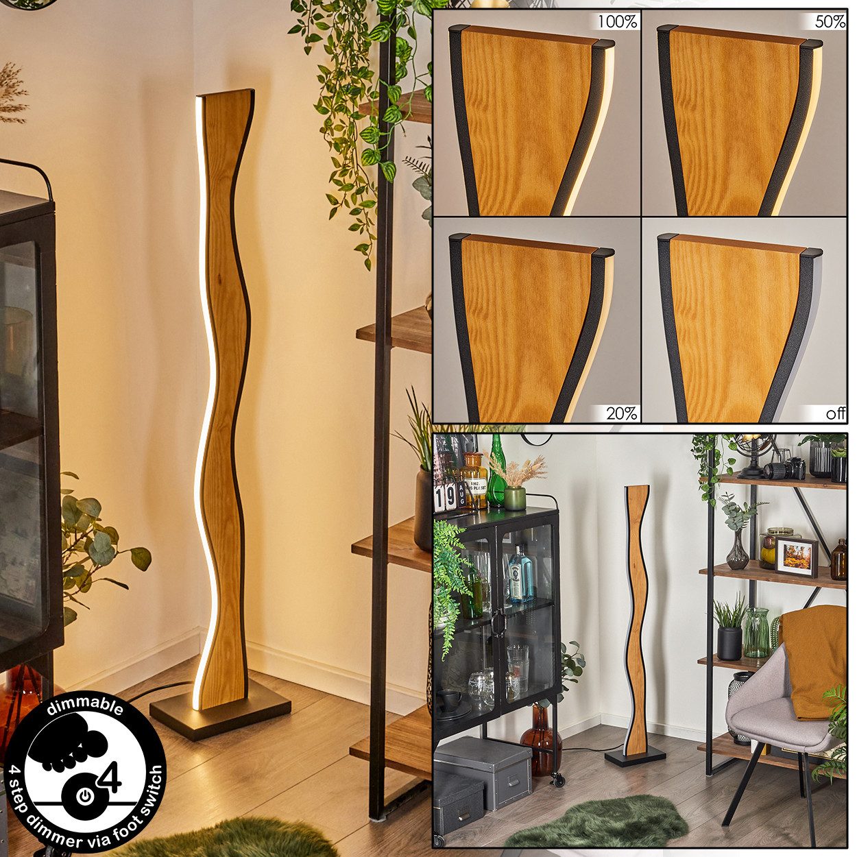 hofstein Stehlampe Stehlampe aus Metall/Holz/Kunststoff in Schwarz/Naturfar günstig online kaufen