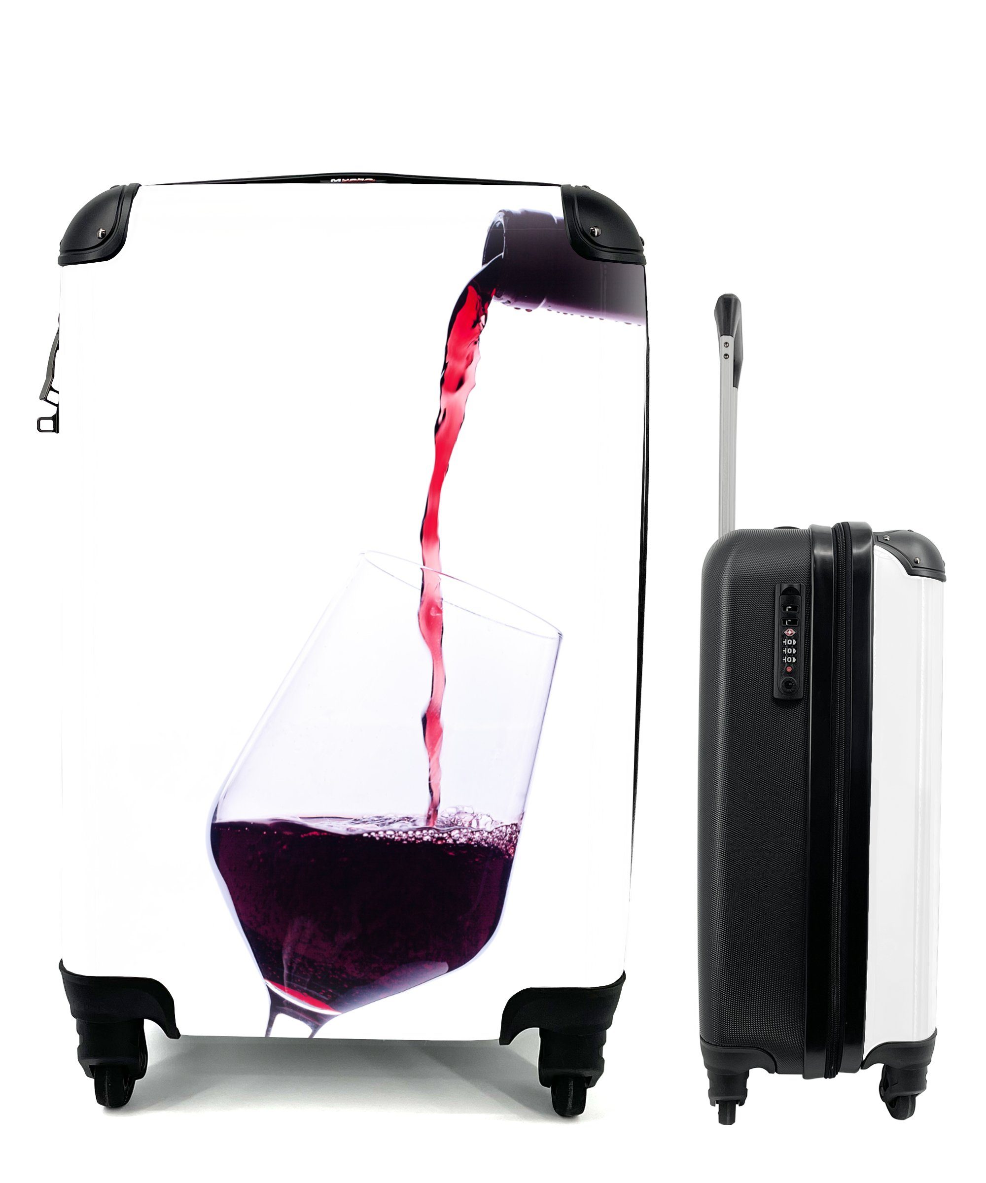 MuchoWow Handgepäckkoffer Weinflasche, die Rotwein ins Glas gießt, 4 Rollen, Reisetasche mit rollen, Handgepäck für Ferien, Trolley, Reisekoffer