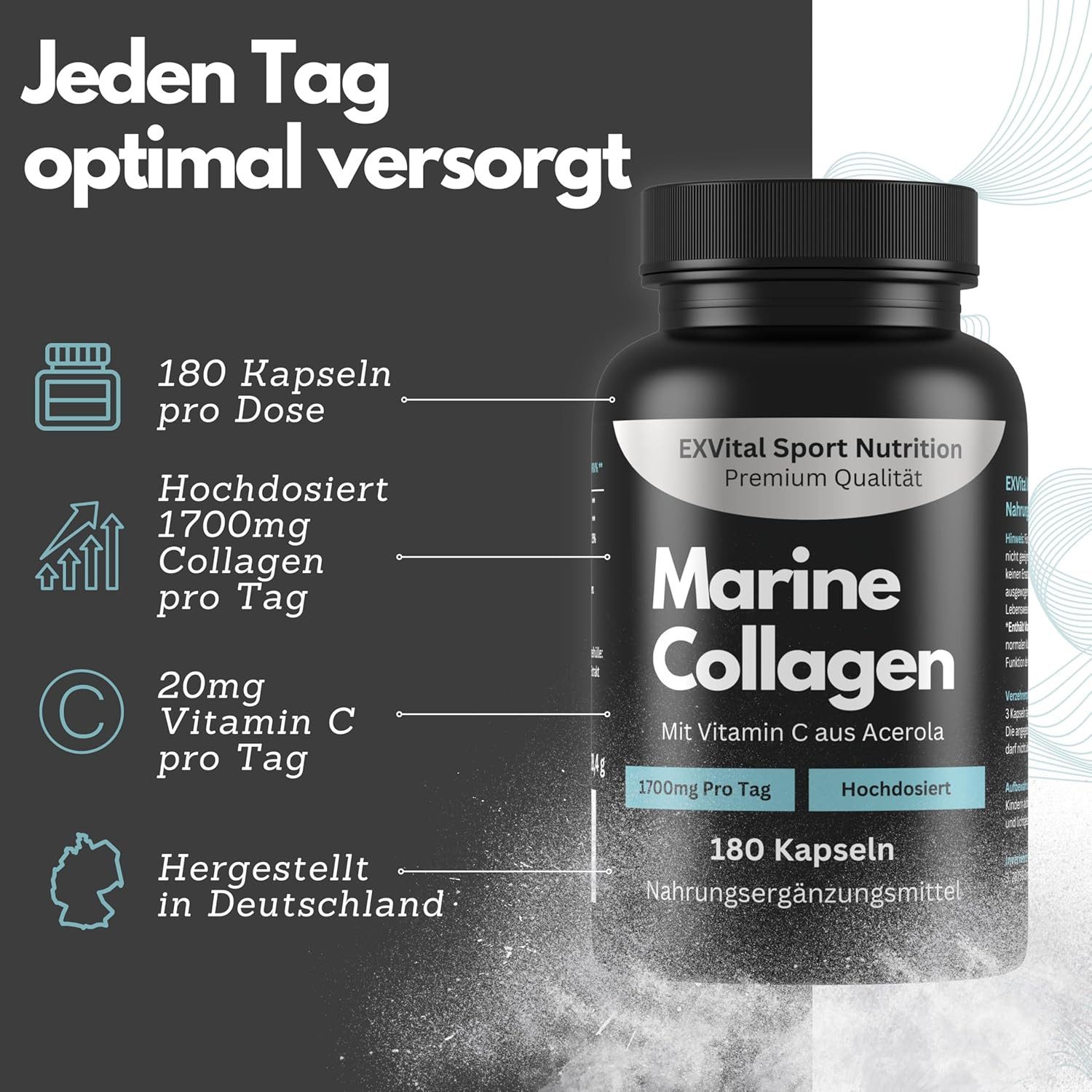 Marine Collagen Kapseln, 1700mg Meereskollagen pro Tag mit Vitamin C Kapseln, 180 St., 128 g