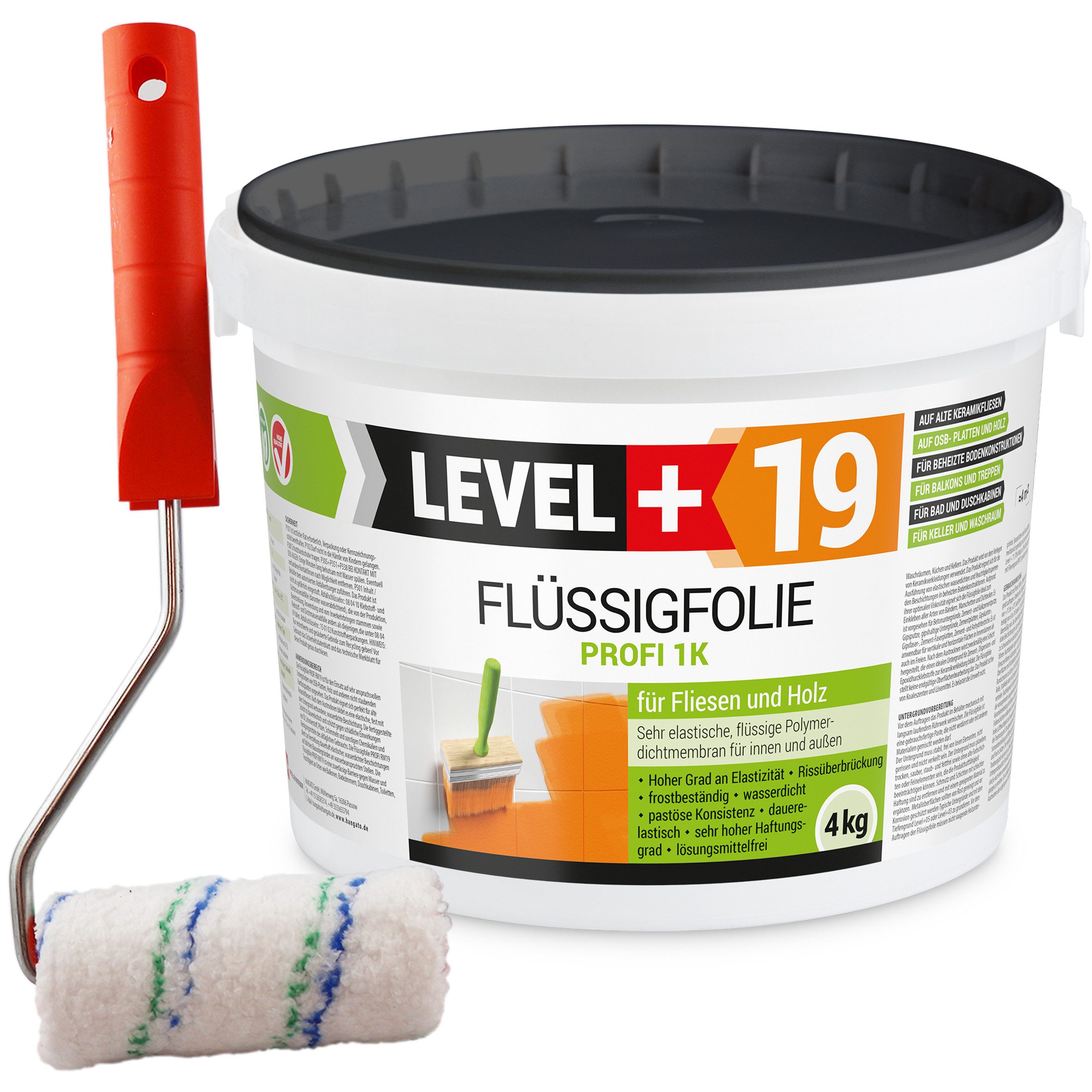 Level+ Dichtstoff Flüssigfolie Dichtfolie Abdichtung Fliesen L+19 - 4KG + Farbroller