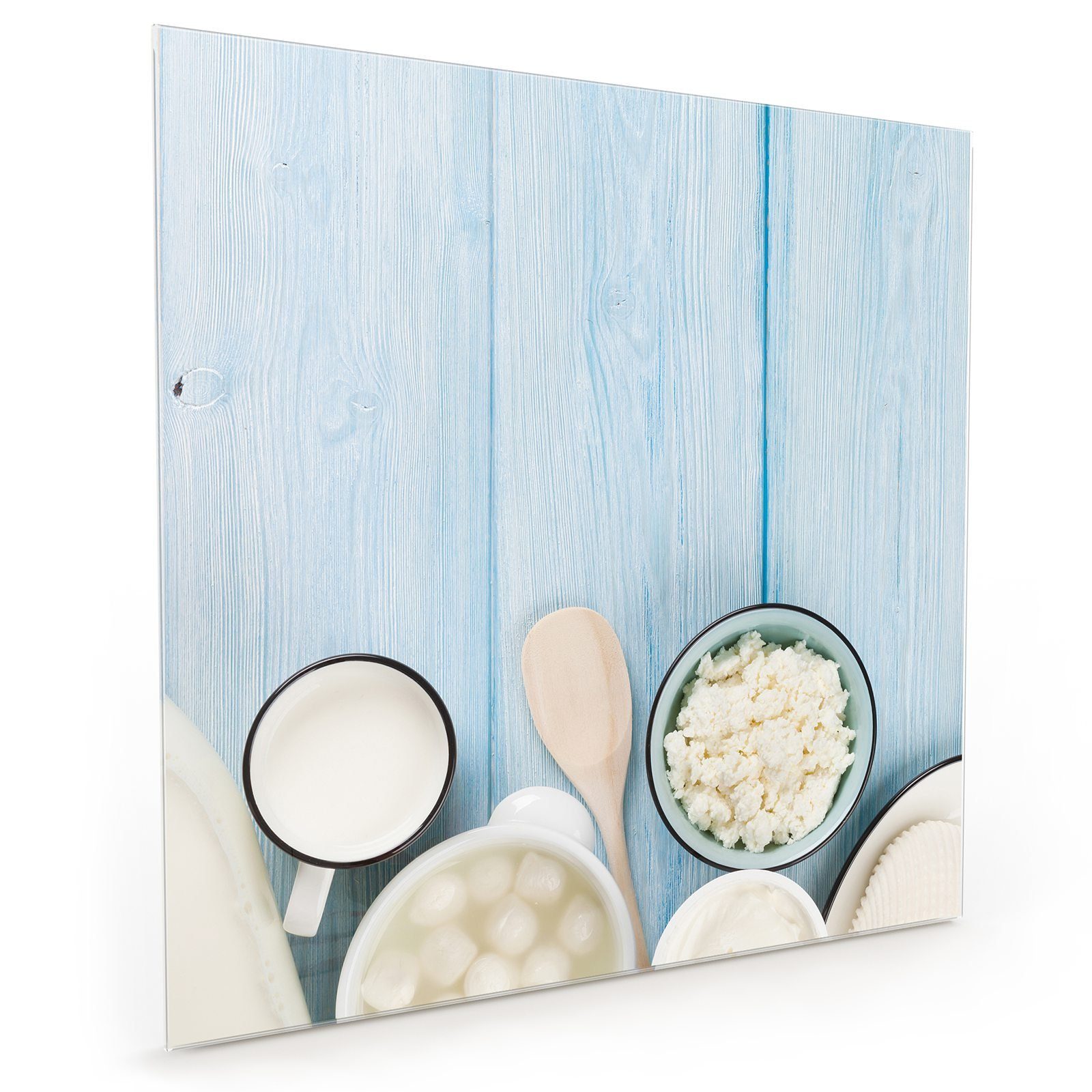 Holztisch Glas Primedeco Milchprodukte auf Küchenrückwand Spritzschutz