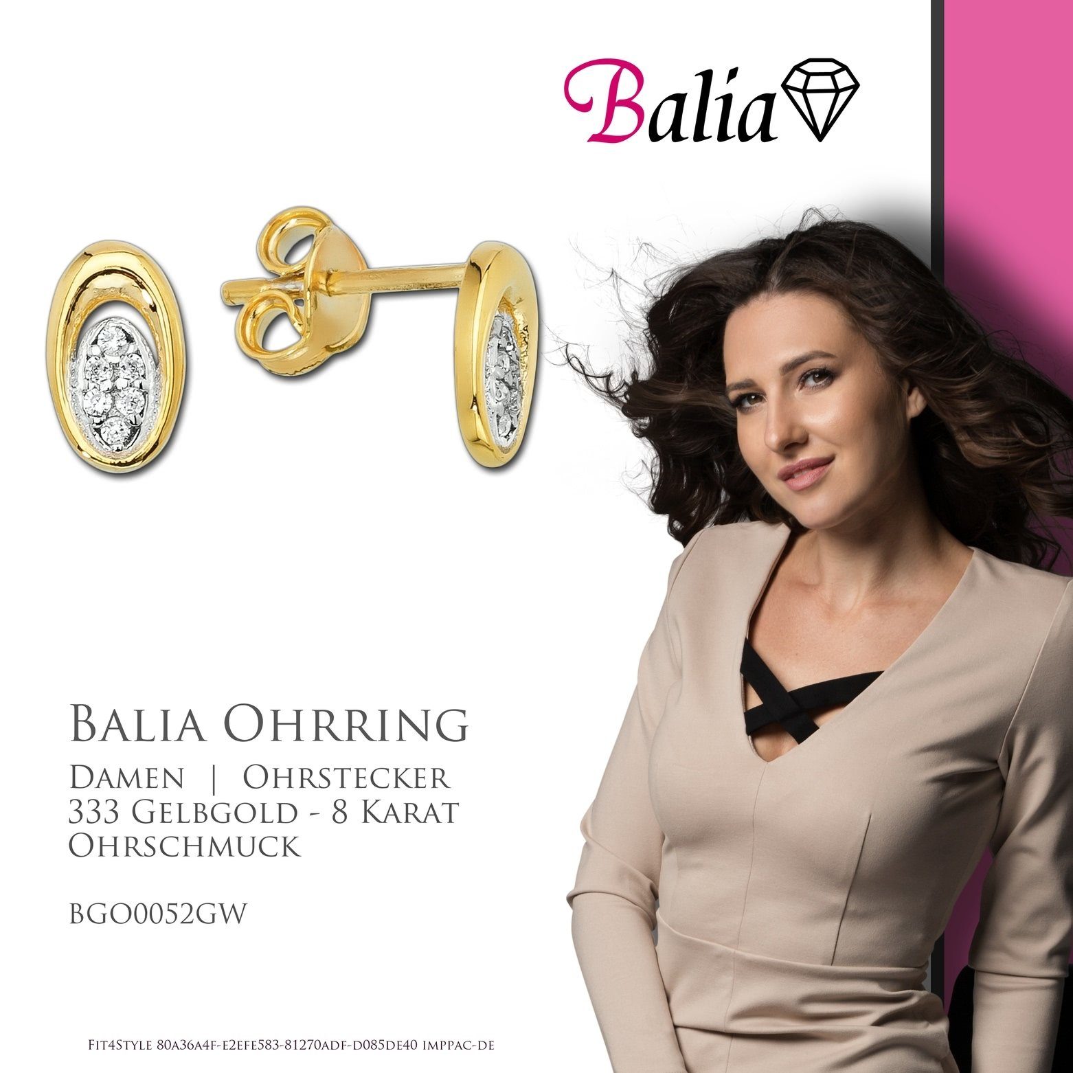 (Ohrstecker), Paar Balia für Farbe: Karat, weiß, Damen Ohrstecker 333 - (Oval) gold aus Ohrstecker Gelbgold 8 Gold Balia Ohrstecker 8K