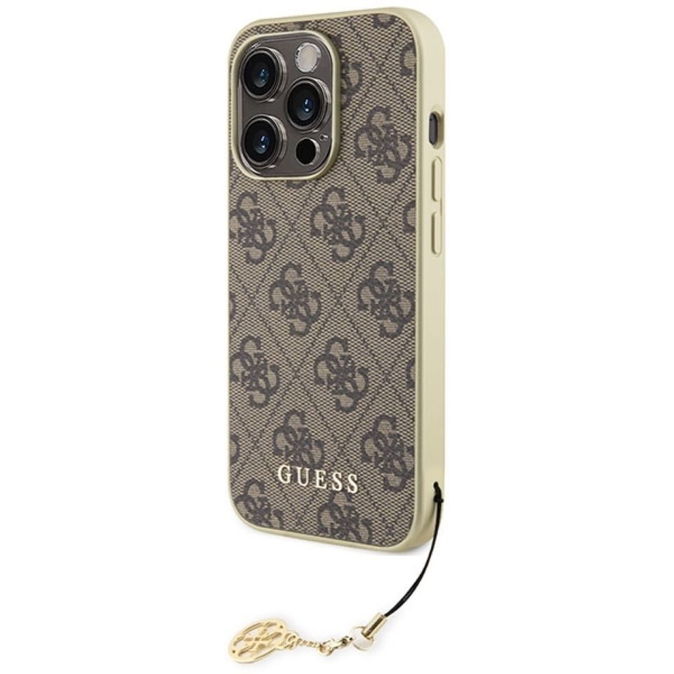 Guess Handyhülle Case iPhone 16 Pro Kunstleder braun mit Kette goldfarbig 6,3 Zoll, Kantenschutz