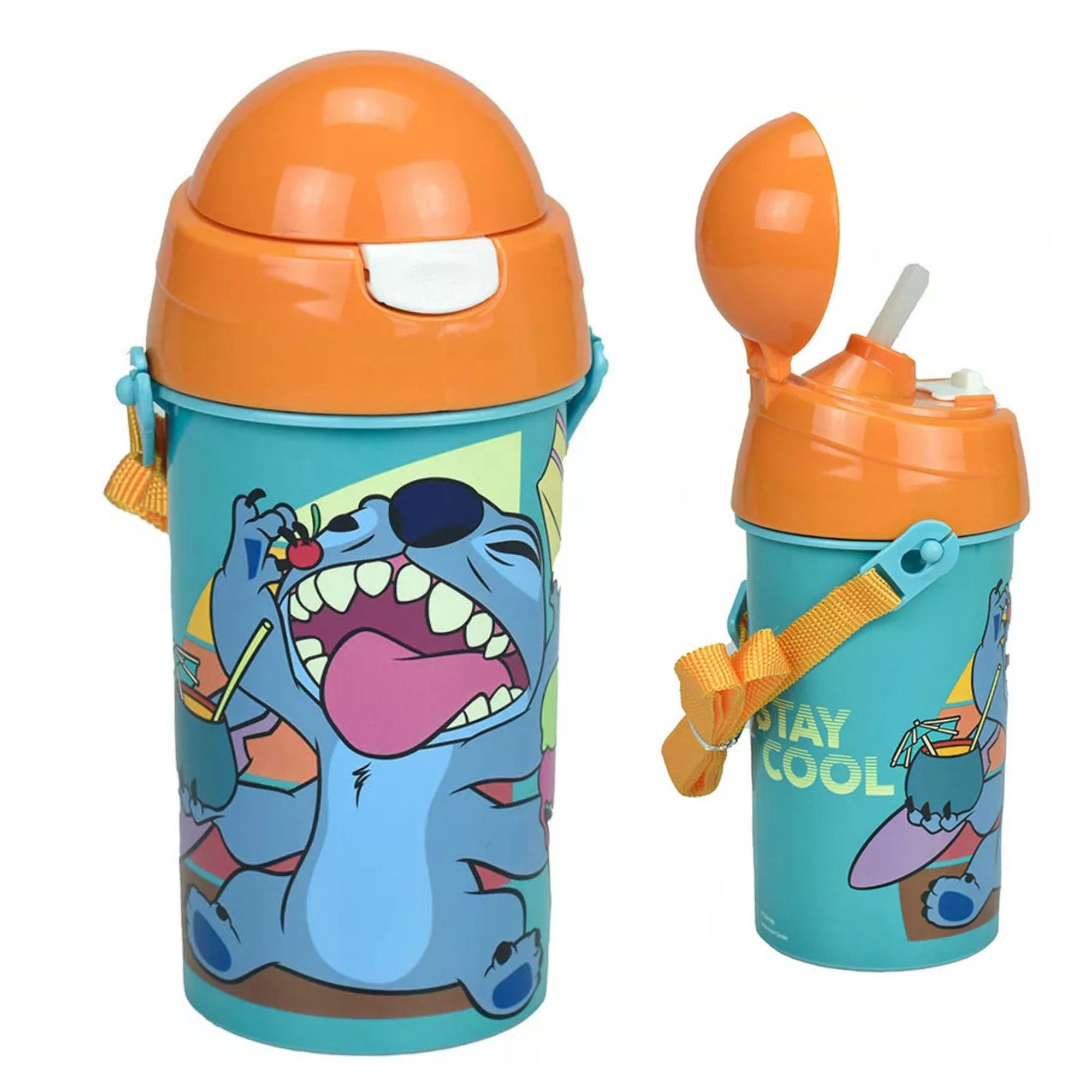 Disney Trinkflasche Disney Stitch Wasserflasche Flasche 500 ml Tragegurt Halm