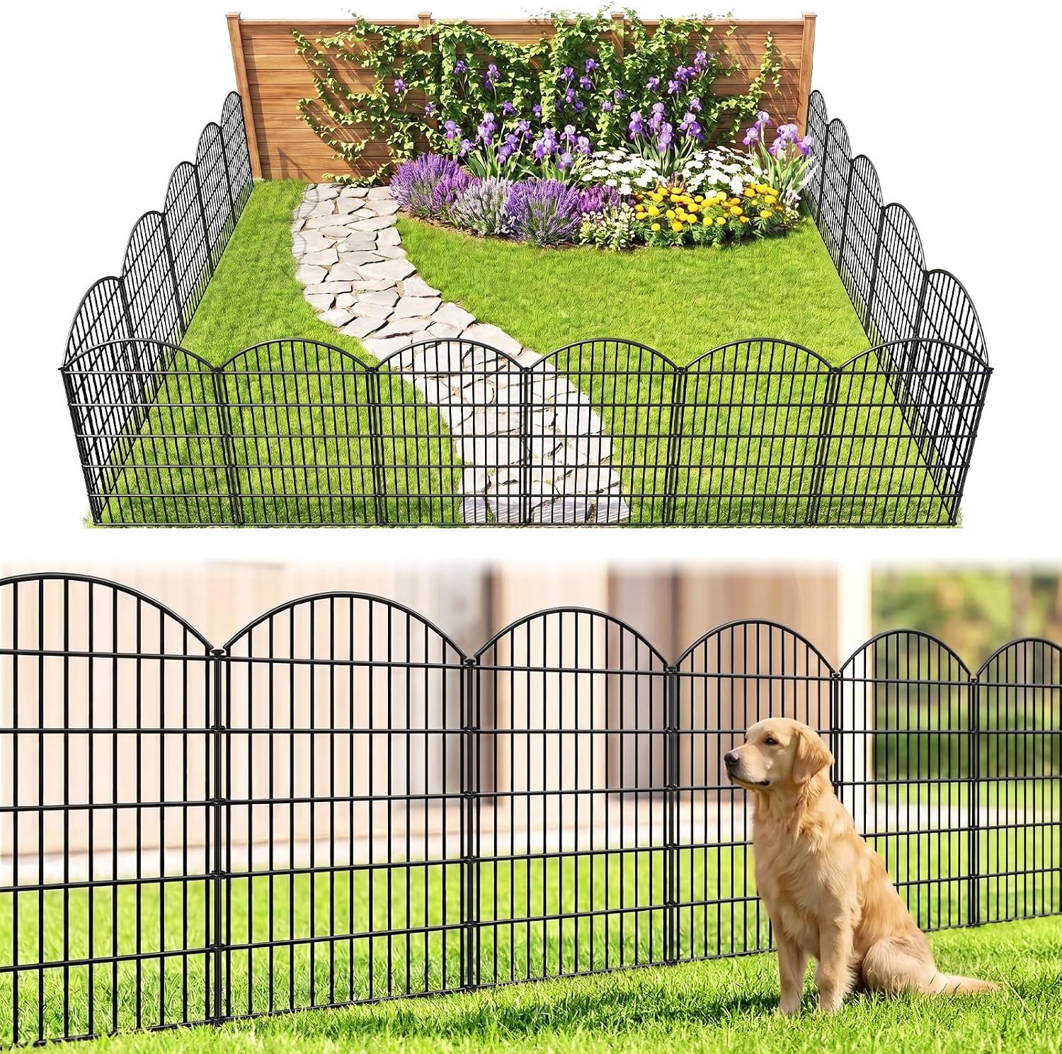 BlingBin Gartenzaun Metall Beetzaun, 5 Paneele H 112x68 cm, Gesamtlänge 3,5 m, (10er Set, 10-St., Zaunelement: ca. 68 × 78 cm Steckpfosten: ca. 98 cm Länge), Beeteinfassung zum Einstecken, Schutzzaun für Blumenbeet & Hunde