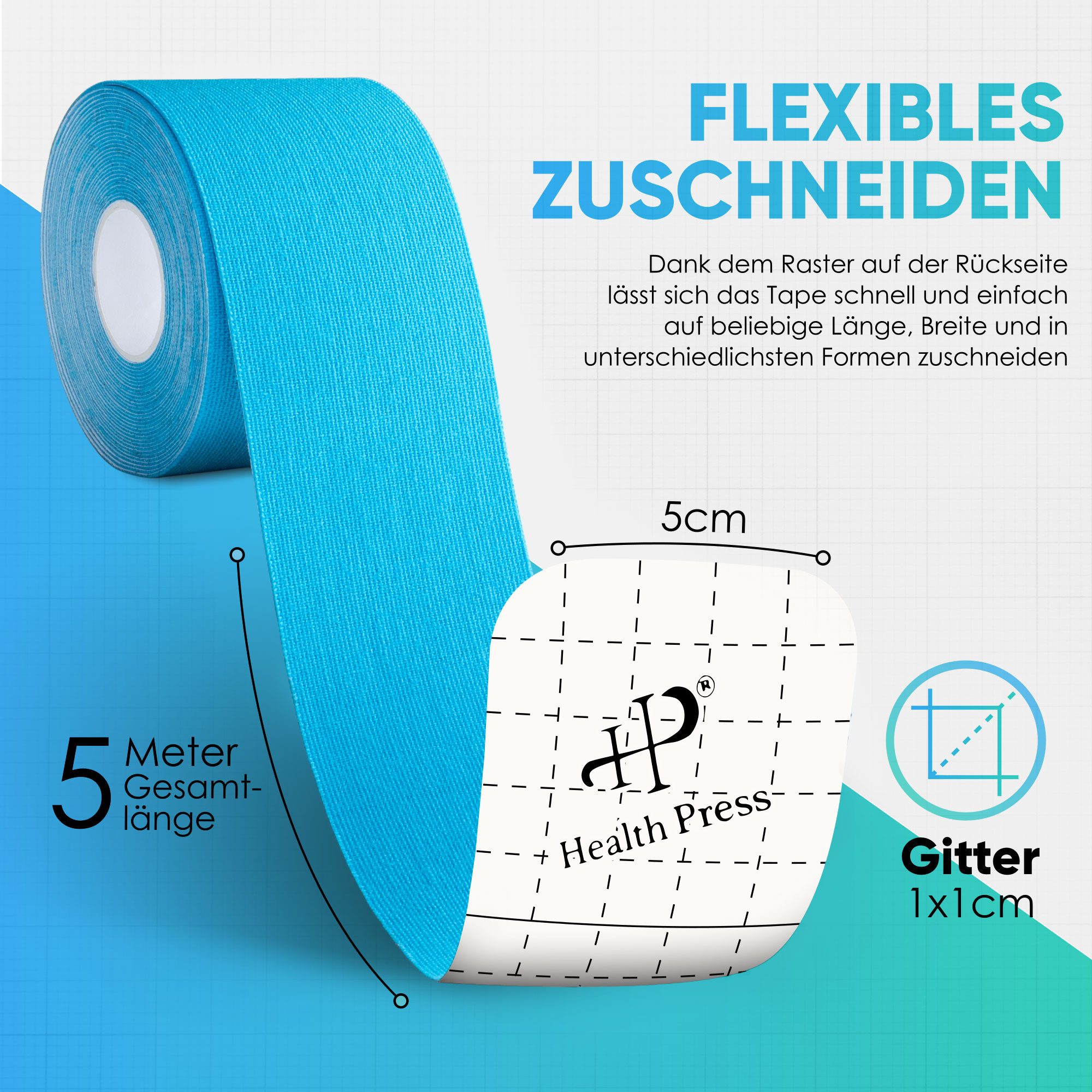 Health Press Kinesiologie-Tape 2 Rollen Profi Physio Tape & Sporttape Hautfreundlich (5cm x 5m) DERMATEST: SEHR GUT