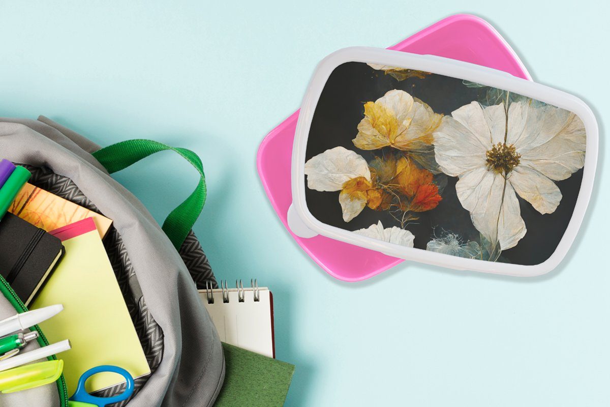 Kunststoff Kunststoff, (2-tlg), rosa Pflanzen Brotbox Kinder, - Schwarz MuchoWow Mädchen, Erwachsene, Blumen Weiß, Brotdose Lunchbox - Snackbox, für -