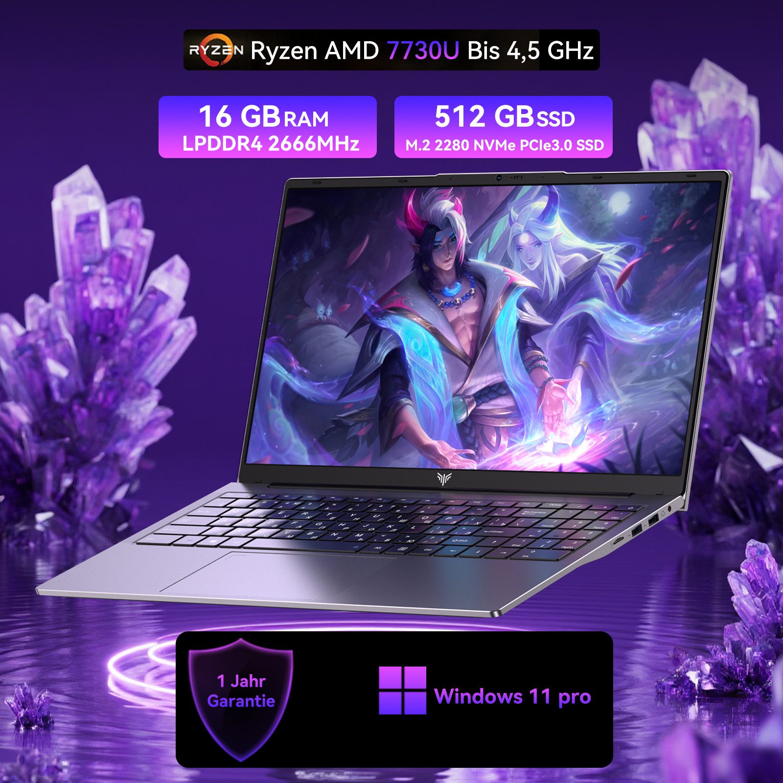 ACEMAGIC 15,6 Zoll Laptop AMD Ryzen 7, 16GB LPDDR4, 512GB SSD, Windows 11 Pro Notebook (39,6 cm/15.6 Zoll, AMD AMD Ryzen™ 7 7730U AMD Ryzen 7 7730U, AMD Radeon Graphics, 16 GB, 512 GB SSD, 8C / 16T, WiFi 6, RJ45, HDMI, 180° Drehung / Deutscher Tastaturfolie)