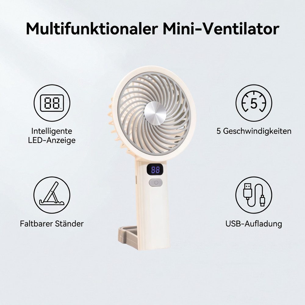 nsihing Handventilator Mini Ventilator Handventilator Akku Aufladbar, 5 Stufen einstellbar, mit LED-Display, leiser Taschenventilator für Reise, Outdoor, Büro