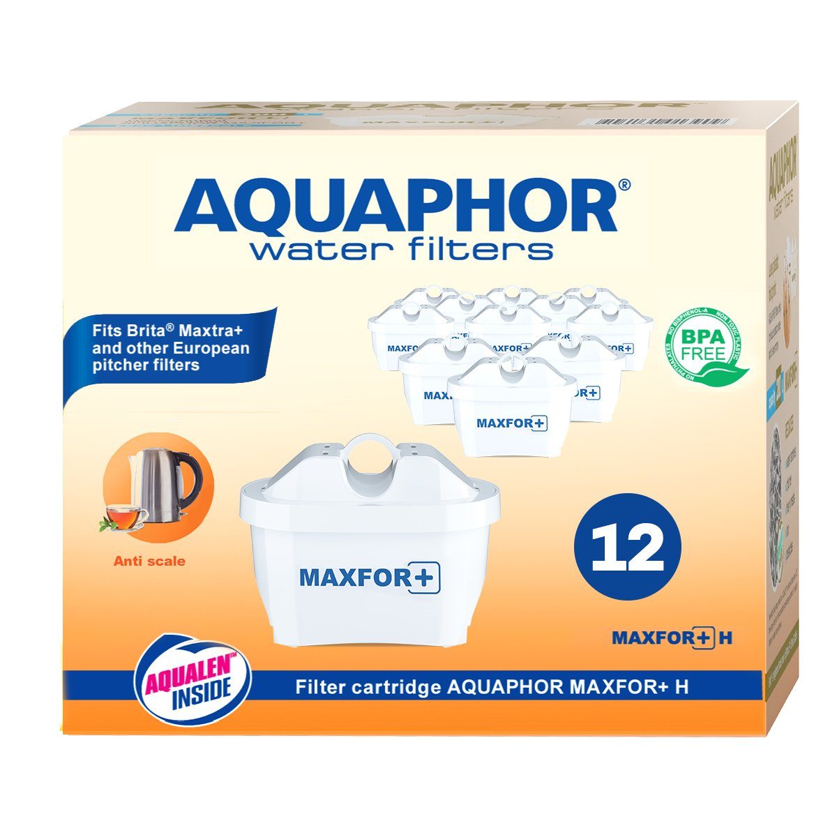 AQUAPHOR Kalk- und Wasserfilter MAXFOR+ H hartes Wasser, Pack 12 - gegen Kalk, Chlor & weitere Stoffe, Zubehör für den AQUAPHOR Modellen Onyx, Jasper, Amethyst sowie vielen Tischwasserfiltern anderer Hersteller., AQUALEN Technologie. Bis zum 200 L. Kapazität., BPA frei