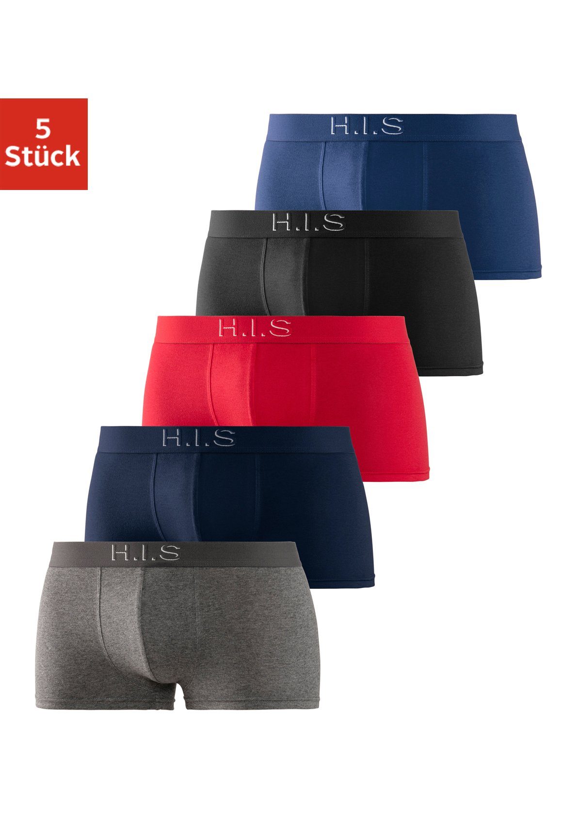 H.I.S Boxershorts (Packung, 5-St) in Hipster-Form am Webbund mit Logoschriftzug mit 3D Effekt