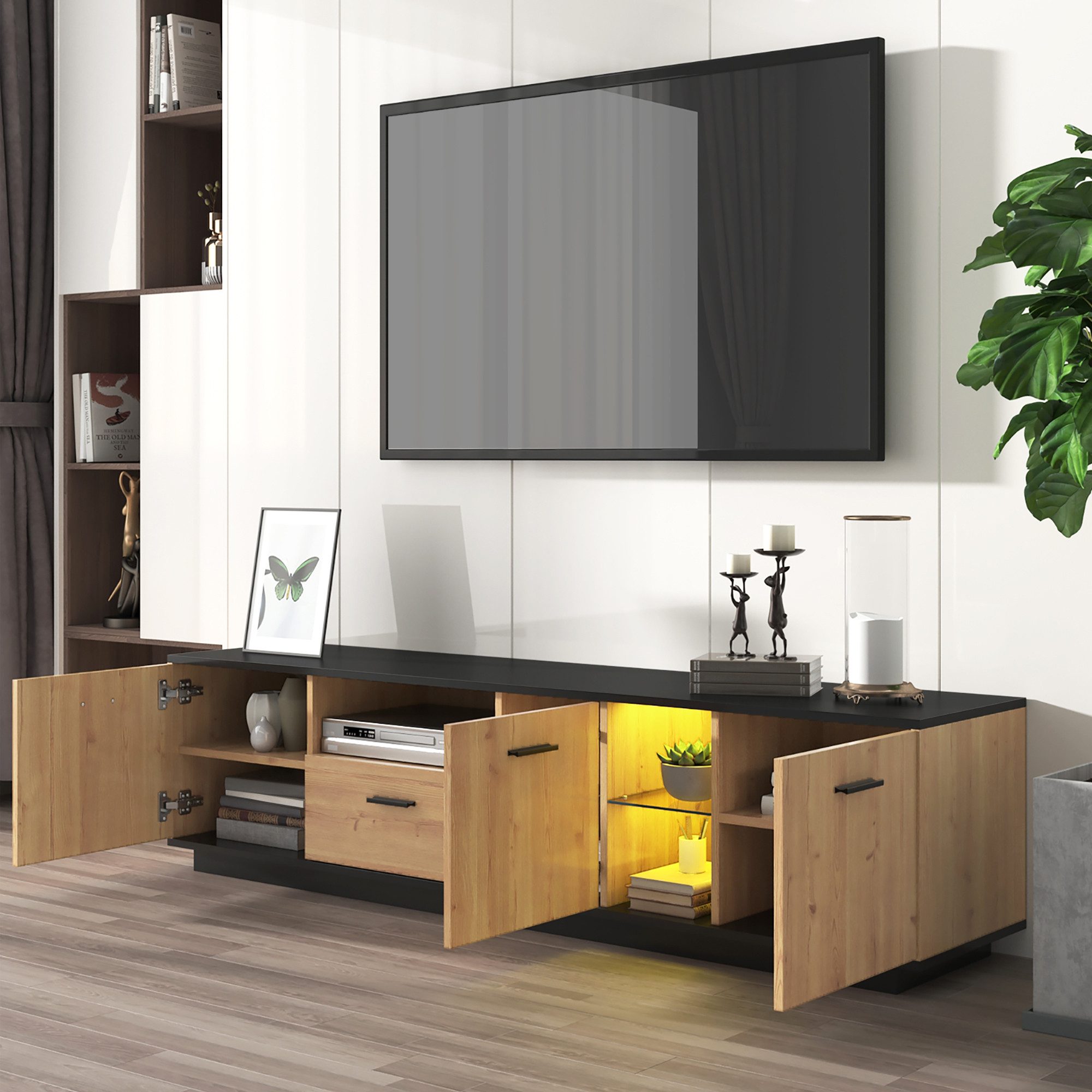Merax Lowboard aus Holz mit LED-Beleuchtung und Glasablage, TV-Schrank mit günstig online kaufen