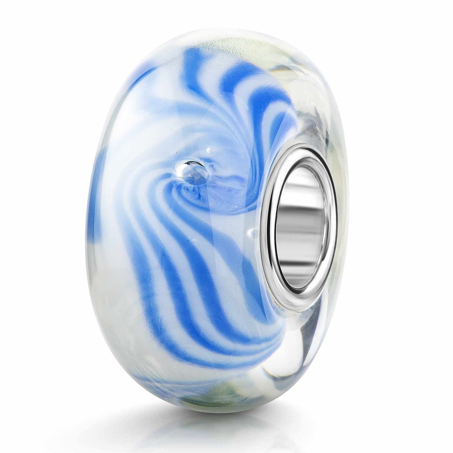 Materia Bead Glasbead mit blau-weißem Wellendesign 350, 925 Sterling Silber