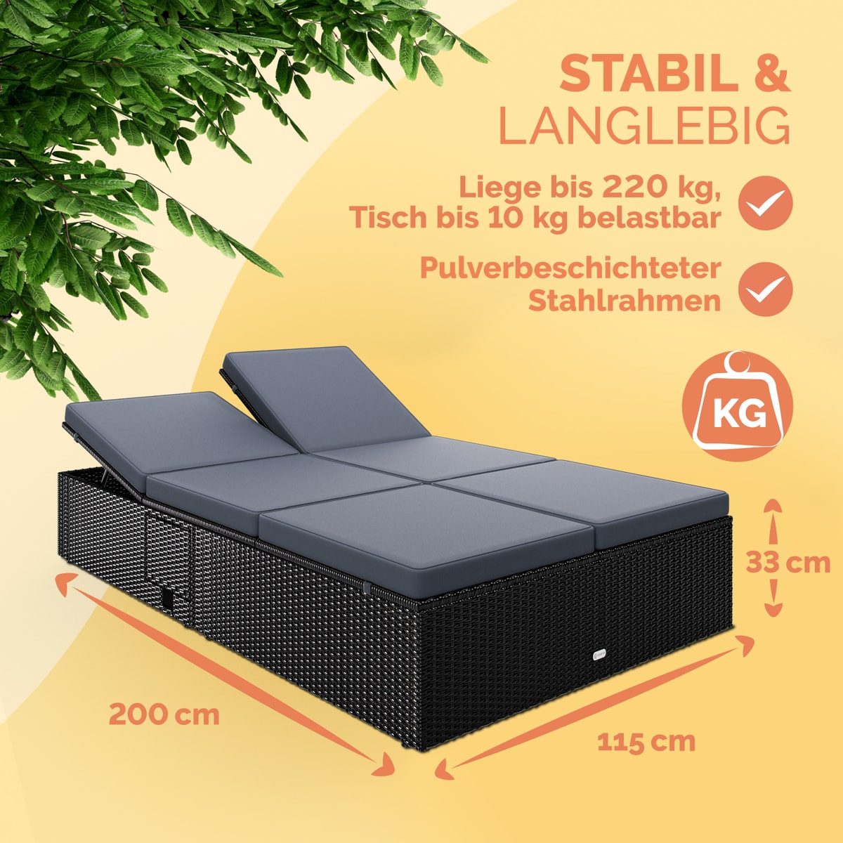 Casaria Gartenliege, Doppelliege Klapptisch Wetterfest 7-fach Höhenverstellbar Liegestuhl