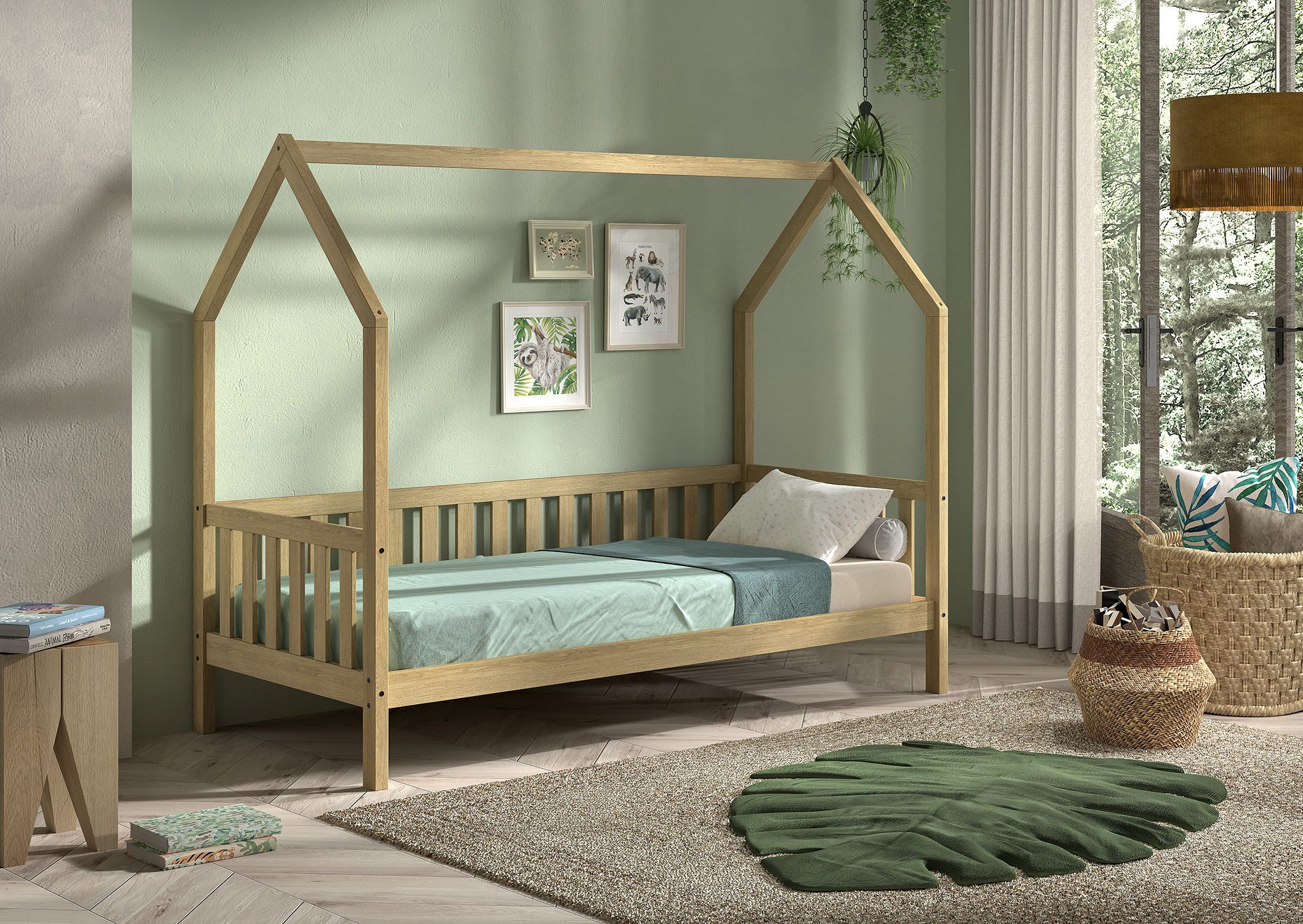 Vipack Hausbett Cabane, mit Dachaufbau und Sprossenumrandung in Landhaus-Optik (B/H/T ca. 208x169x98 cm) aus massiver Eiche, Oberfläche Natur), sehr stabil und standfest gebaut inkl. Massivholz Rolllattenrost