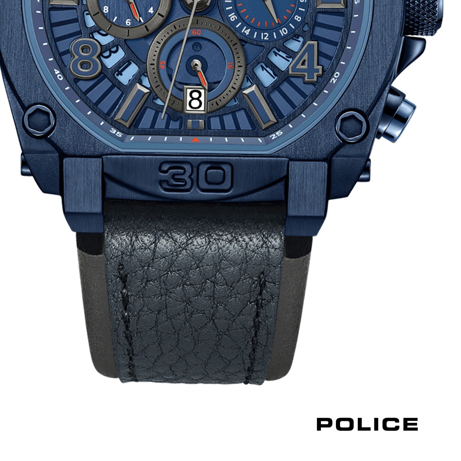 Police Quarzuhr Police Herrenuhr Leder dunkelblau, Herrenuhr rund, extra groß (ca. 45x51,5mm) Lederarmband, Elegant-Style