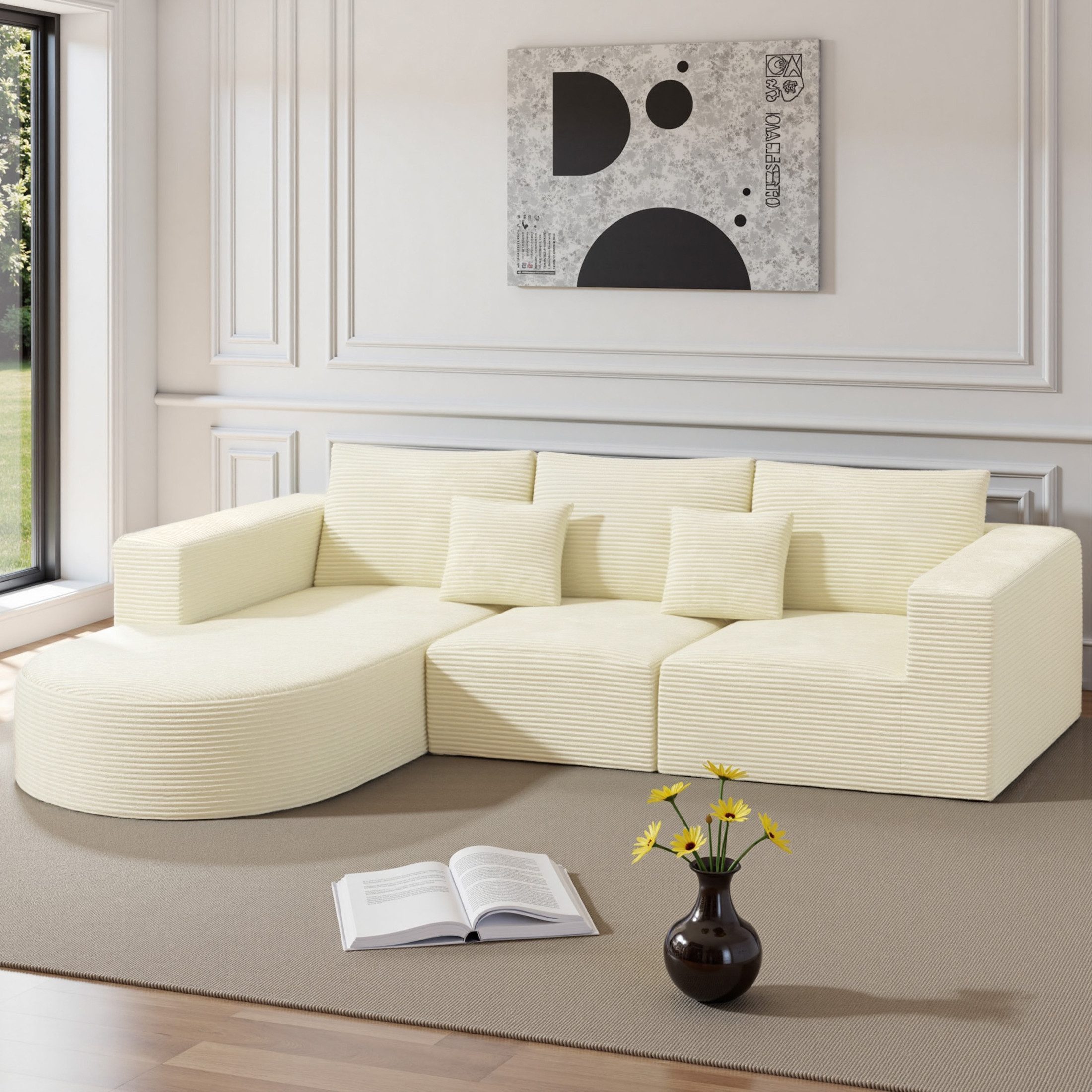 HawthyHome Sofa Cloud-Cord Ecksofa L-form 264x177cm, 1 Teile, Montagefrei Couch mit zwei Kissen für Wohnzimmer & Schlafzimmer