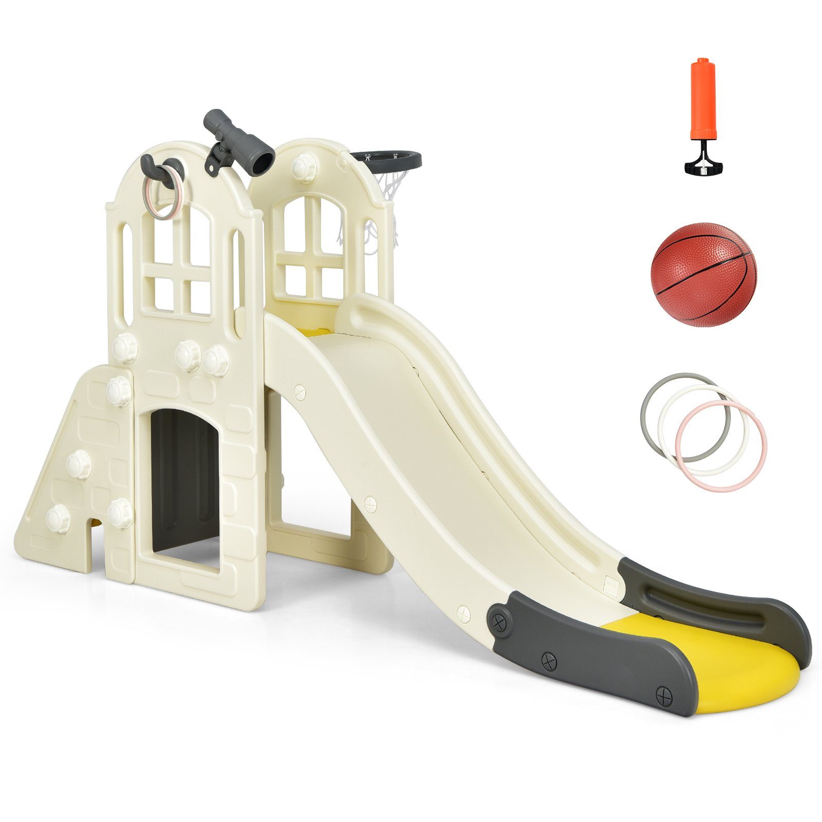 COSTWAY Rutsche 6 in 1 Kinder Rutschbahn, mit Leiter, Basketballkorb&Tunnel