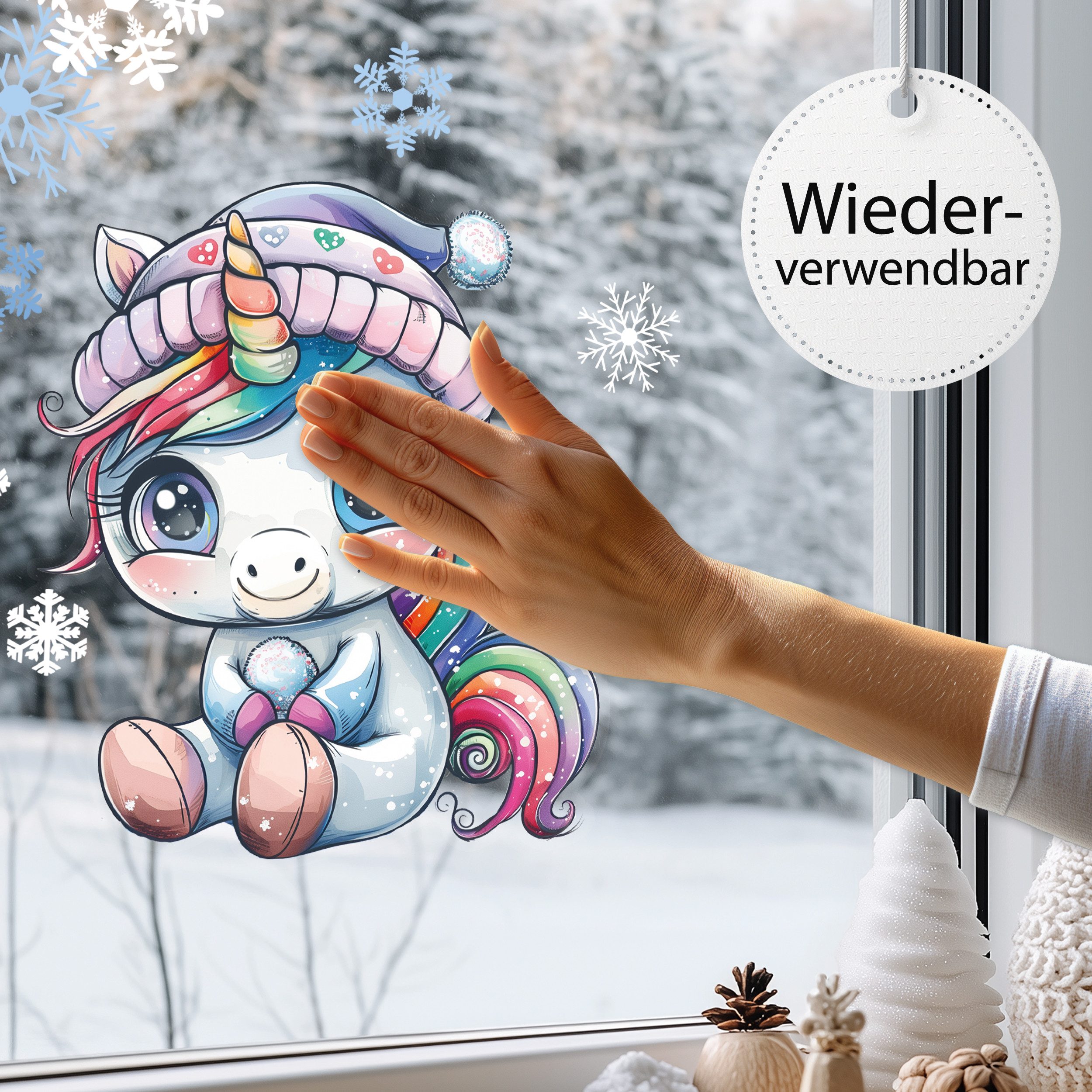 Sunnywall Fensterdekoration wiederverwendbares Fensterbild Winter Einhorn Regenbogen, wiederverwendbar, statisch haftend, beidseitiger Druck