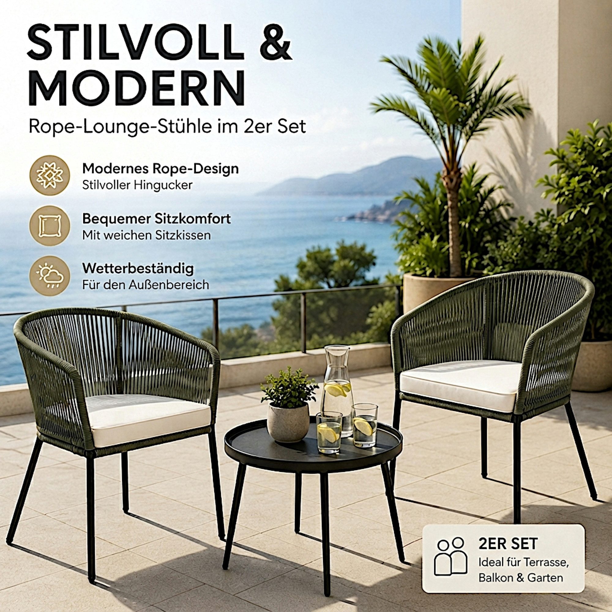 ESTEXO Gartenstuhl Lounge Stuhl 2er Set Gartensessel Rope Loungesessel Outdoor Oliv – Bild 4 von 5
