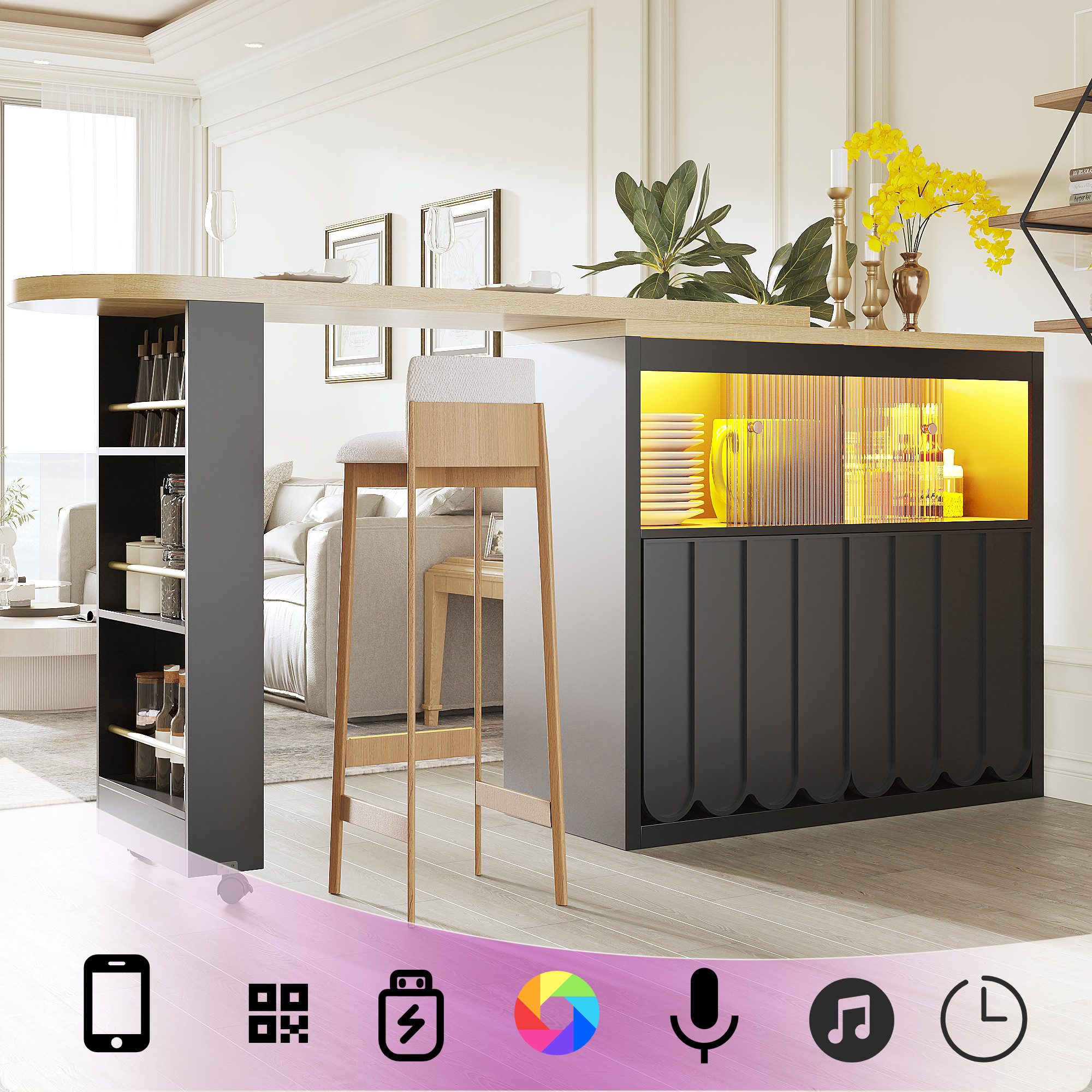 Flieks Bartisch mit 360° drehbar Tisch, LED-Beleuchtung und Glas-Schiebetür günstig online kaufen