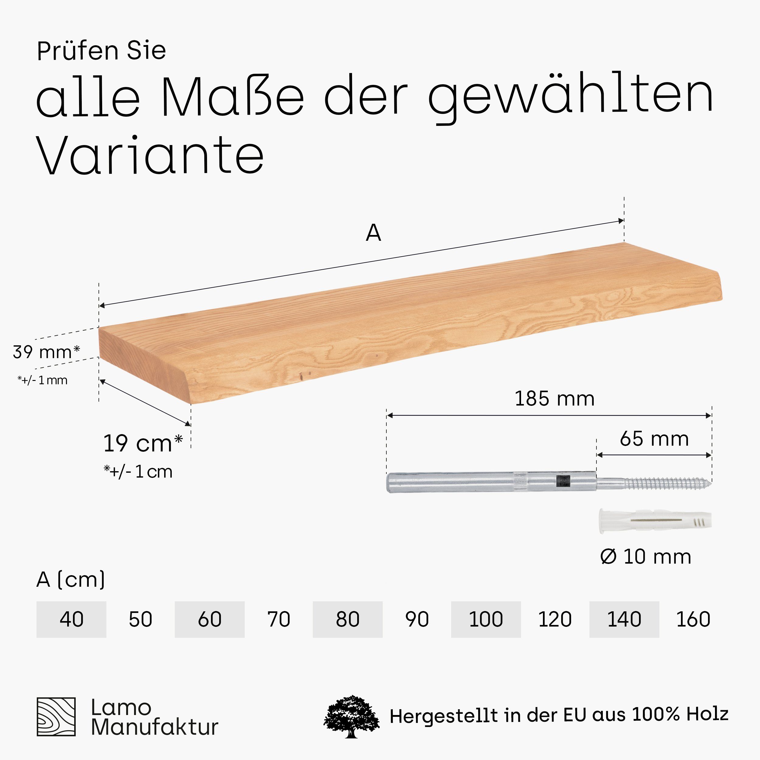 Würth Dübel, Natur LAMO Komplett-Set, Wandregal stake Invisible Massivholzplatte 40mm Manufaktur mit