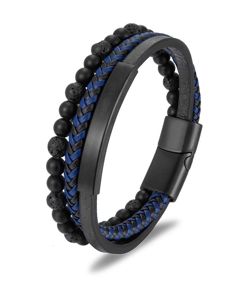Rouemi Lederarmband Herrenarmband, Mode Perlenarmband, zwei Lagen gewebtes Armband Blau