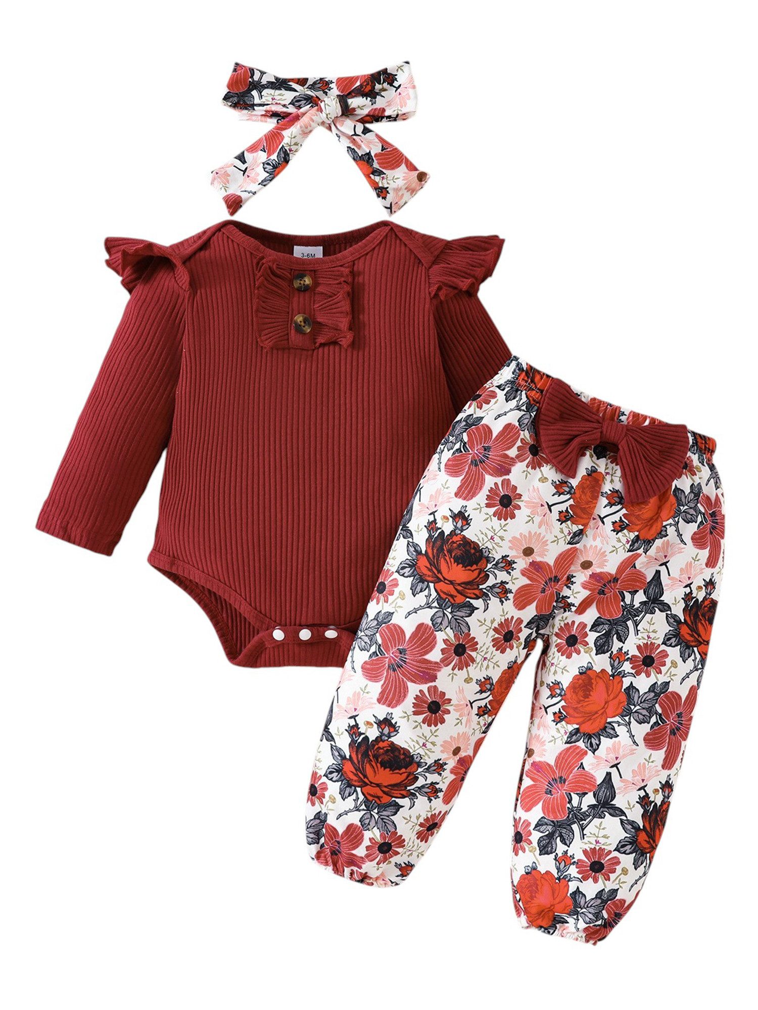 Gluckids Langarmshirt & Hose Baby Mädchen Blumen Strampler+Hose Outfits Rüschen Basic Freizeitanzug (3-tlg) Frühling & Sommer Babykleidung Langarm Overall Set mit Stirnband