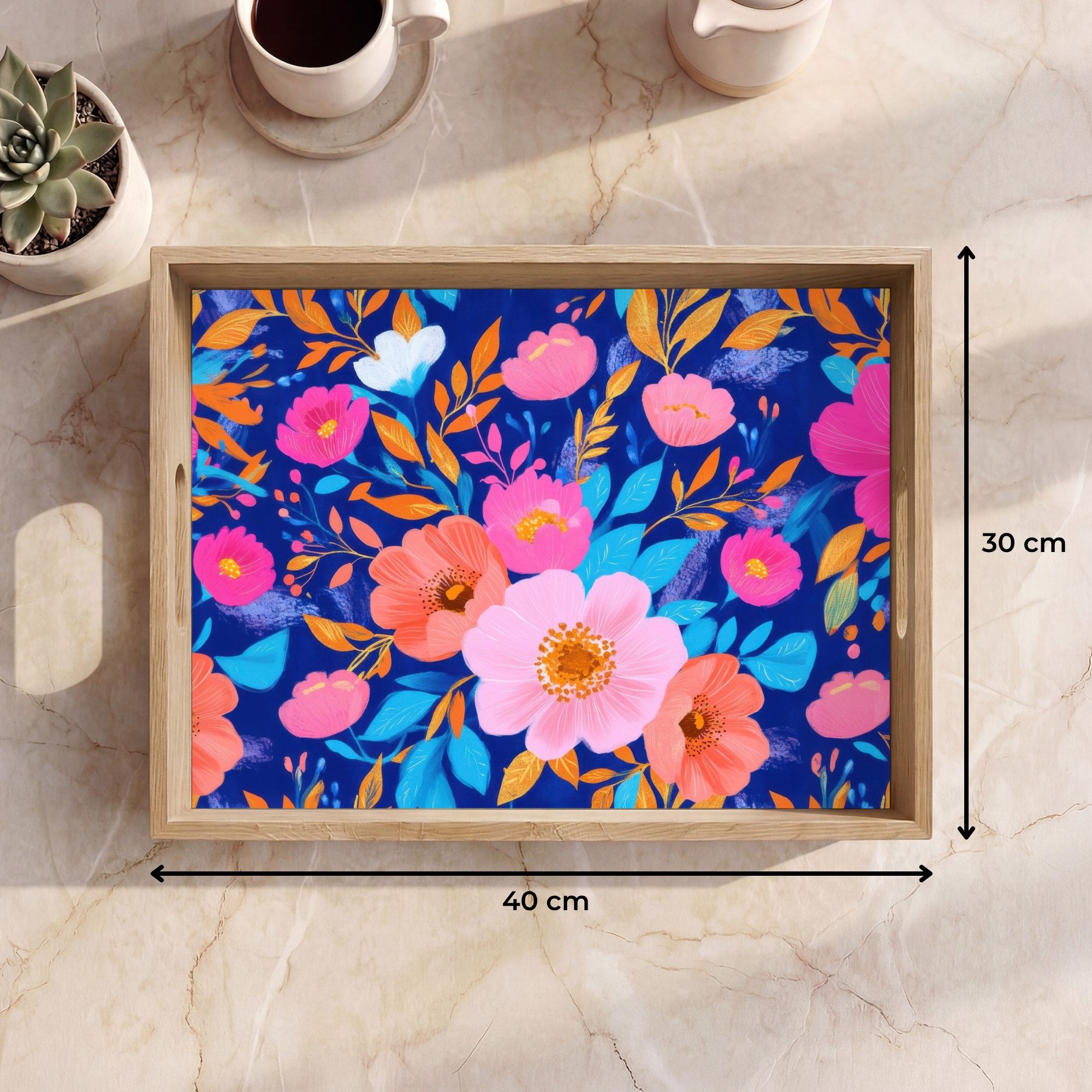 OnlyWow Tablett Rechteckig mit Henkel Blumen - Blau - Rosa, Eichenholz, (1-tlg), Siervierplatte, Tray, Frühstücksbrett