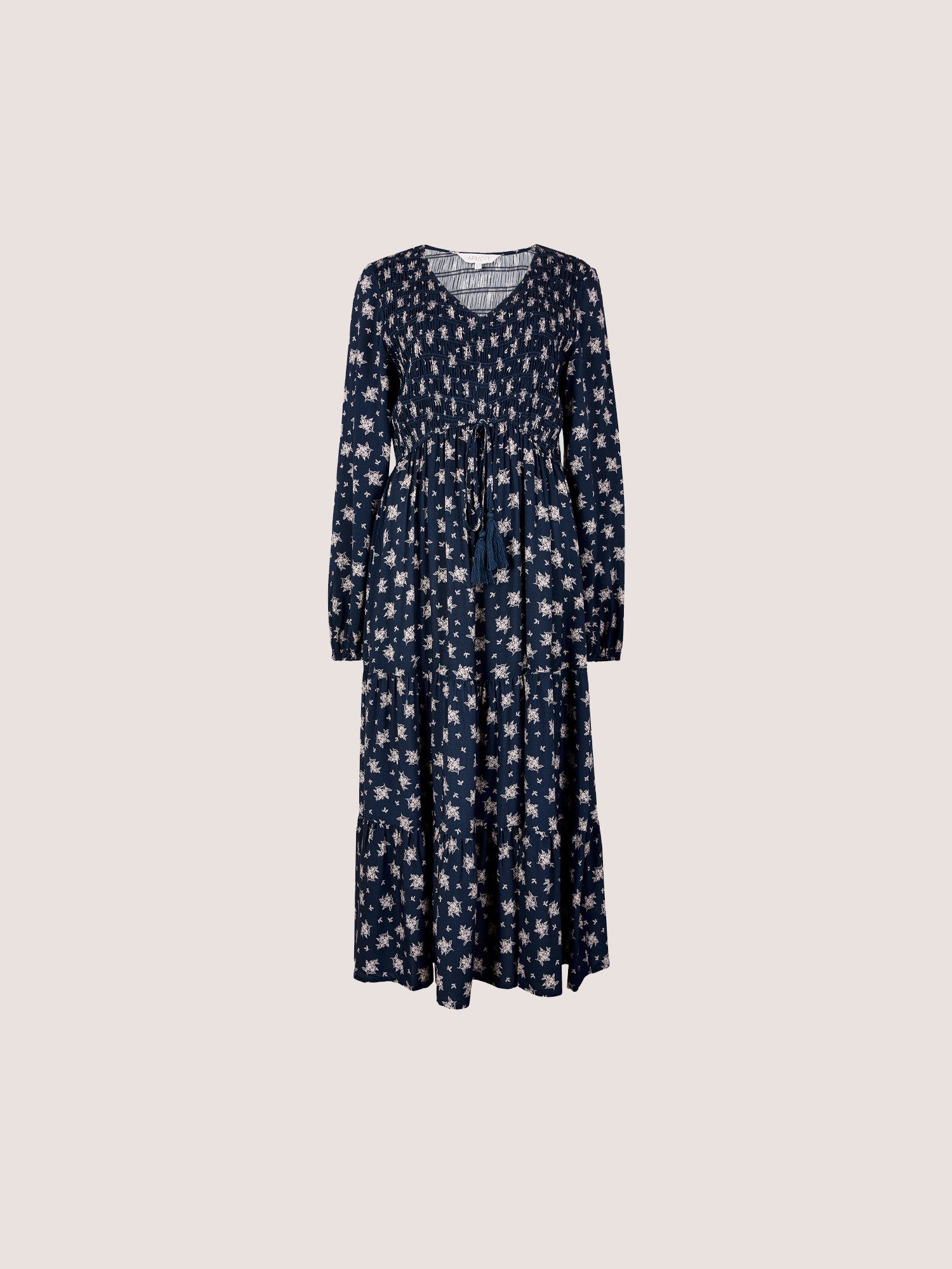 Apricot Midikleid Smokkkleid in mittlerer Länge mit Blumenmuster – Bild 5 von 5
